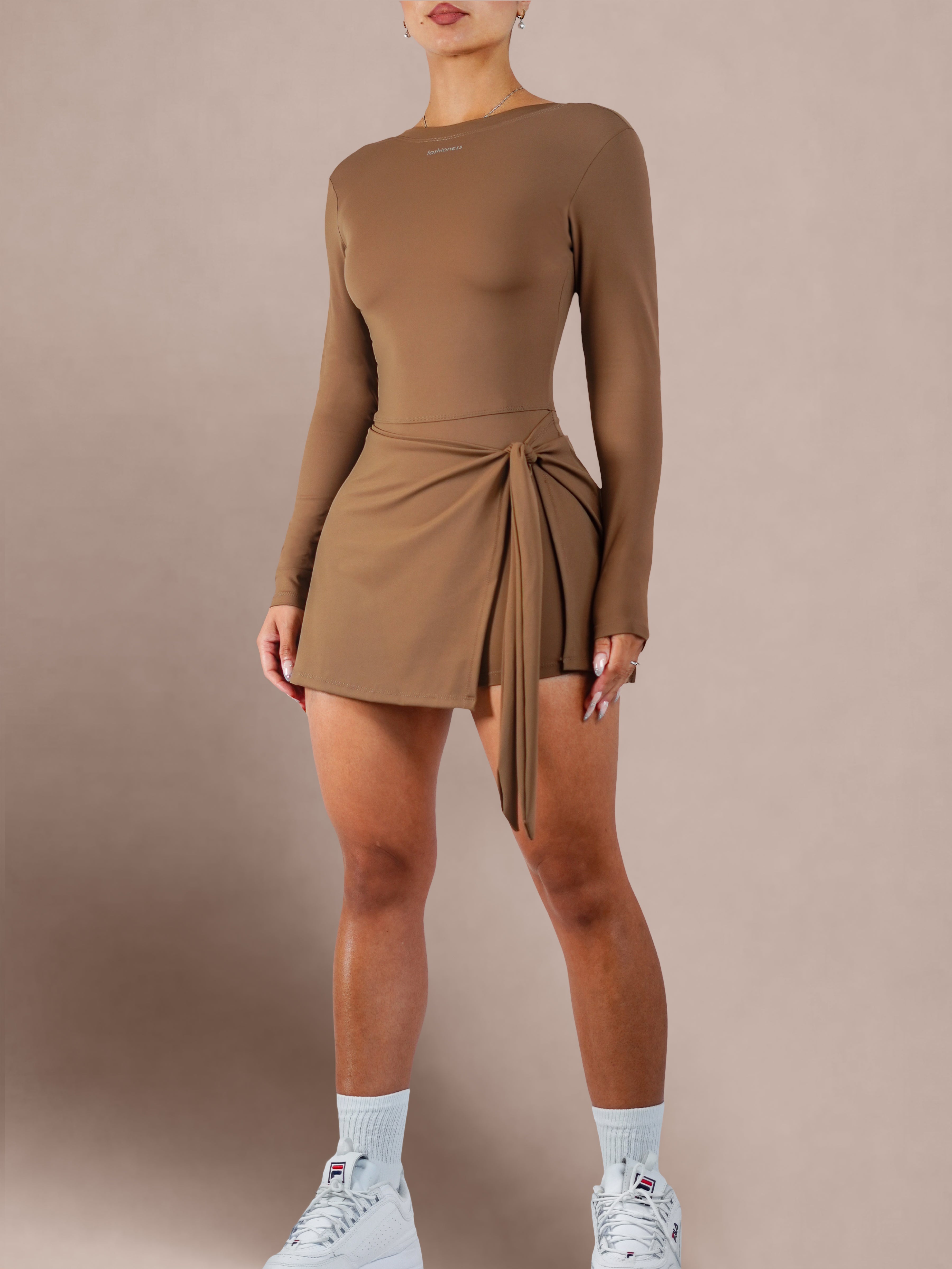 Dainty Tie-Up Long Sleeve Tennis Dress (Mocha)