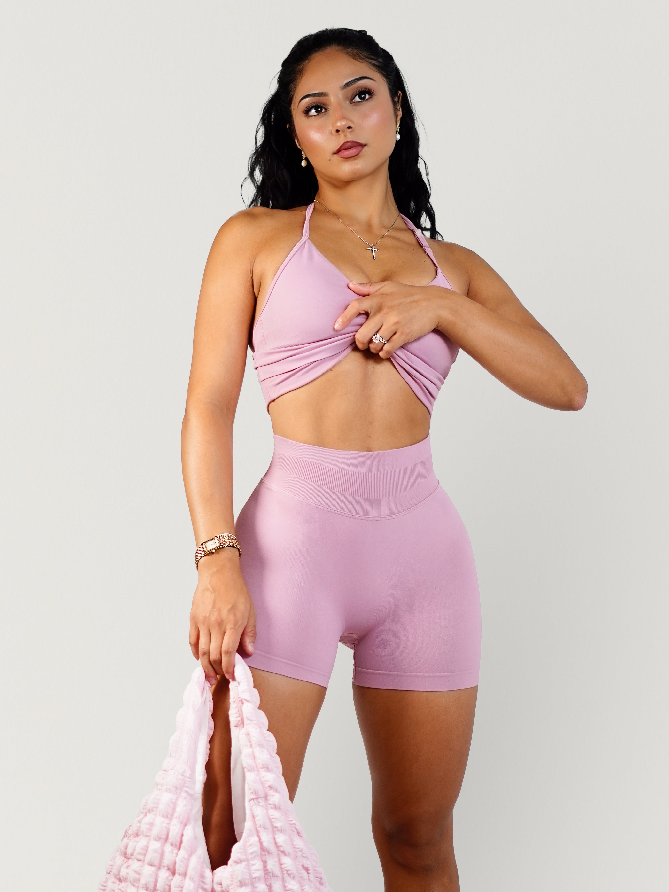 Curve Club Halter Sports Top (Satin Pink)