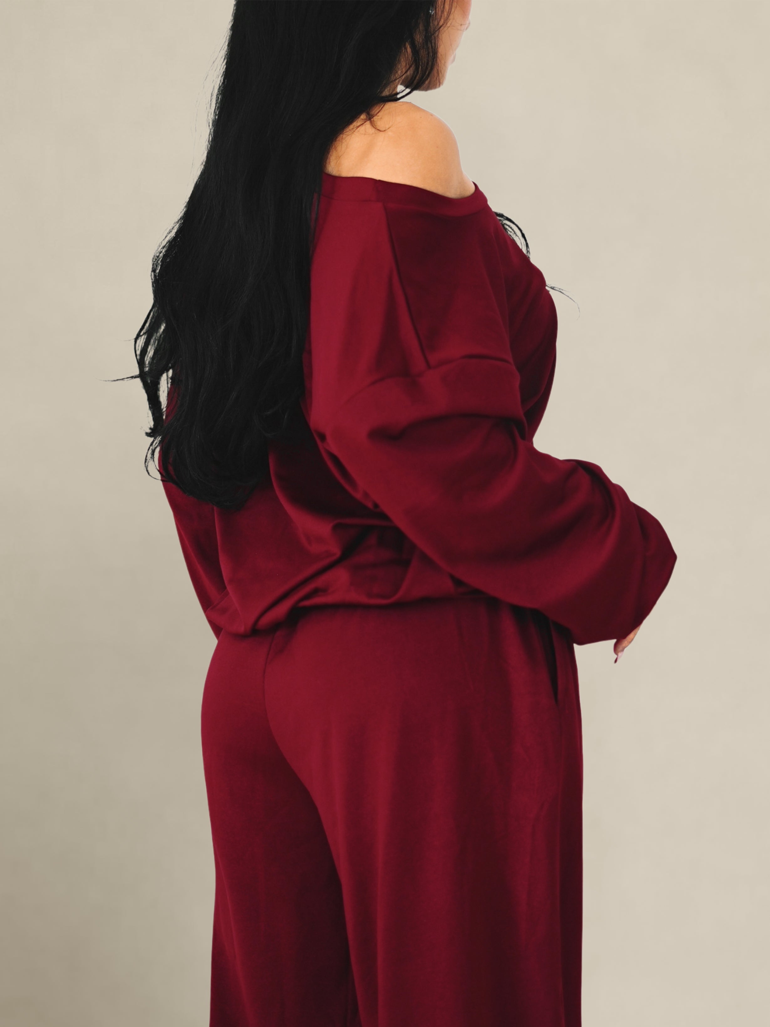 Sloping Shoulder Long Sleeve Top (Deep Burgundy)
