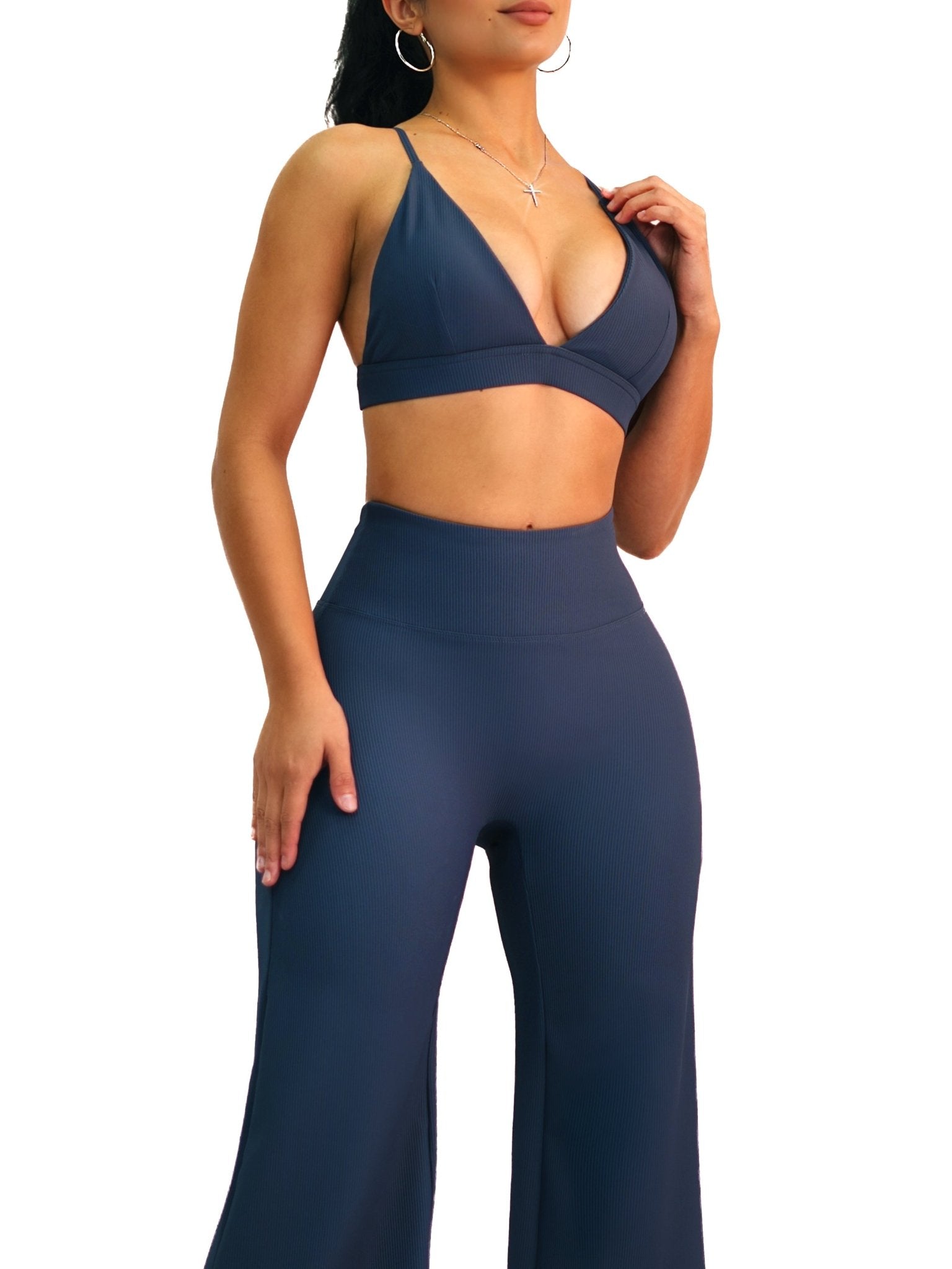 Airport Ribbed Sports Bra (Steel Blue) - Fitness Fashioness