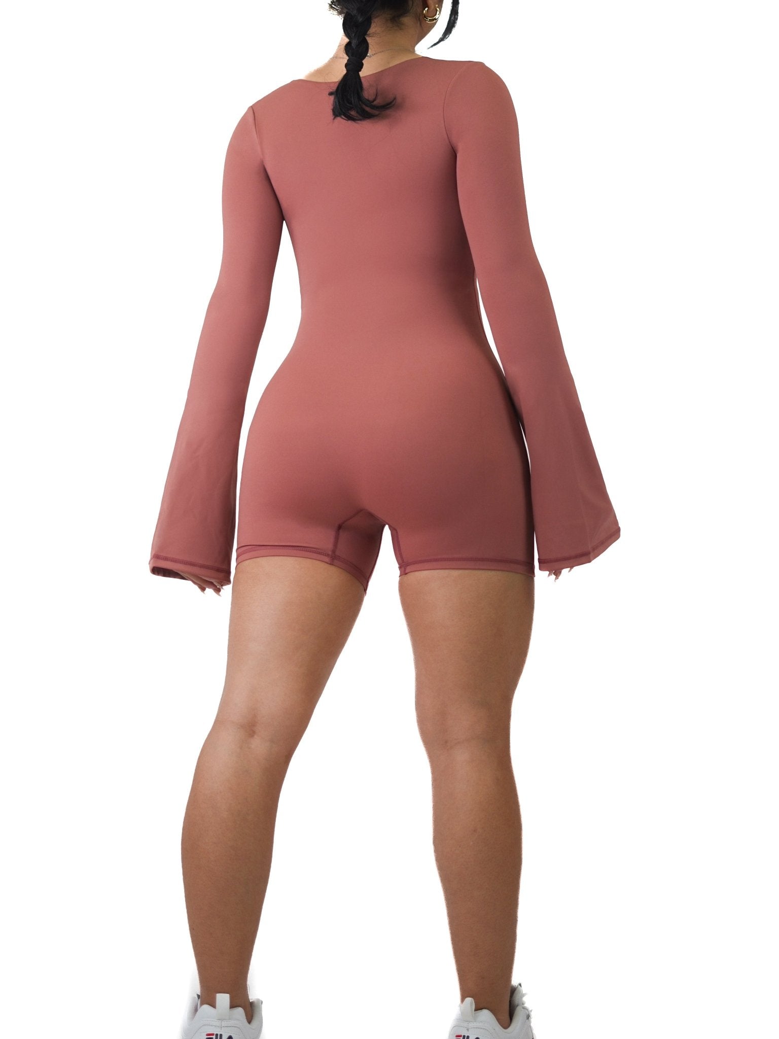 American Doll Flared Long Sleeve Short Romper (Blush Red) - Fitness Fashioness