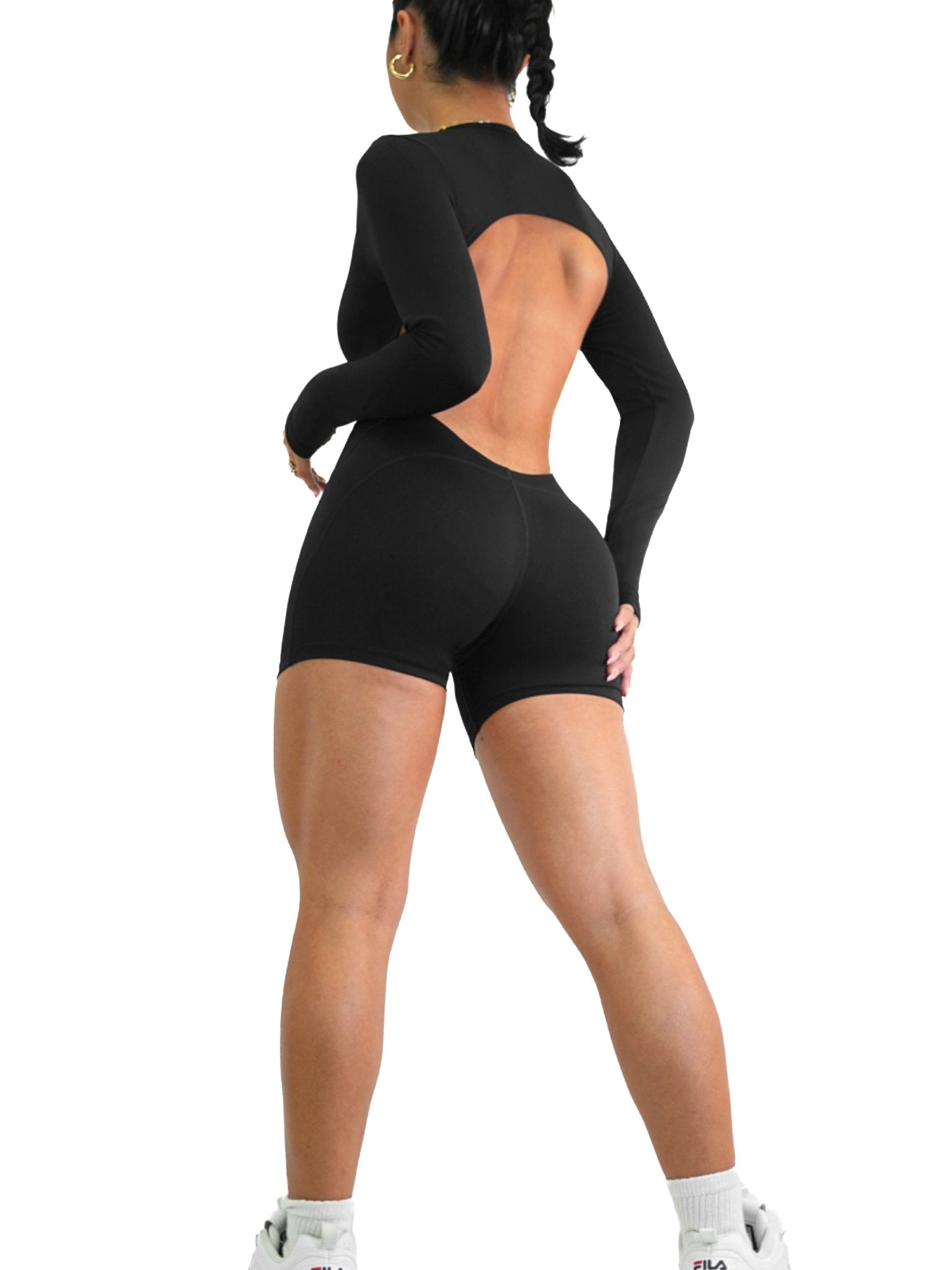 Backless Long Sleeve Short Romper (Black) - Fitness Fashioness