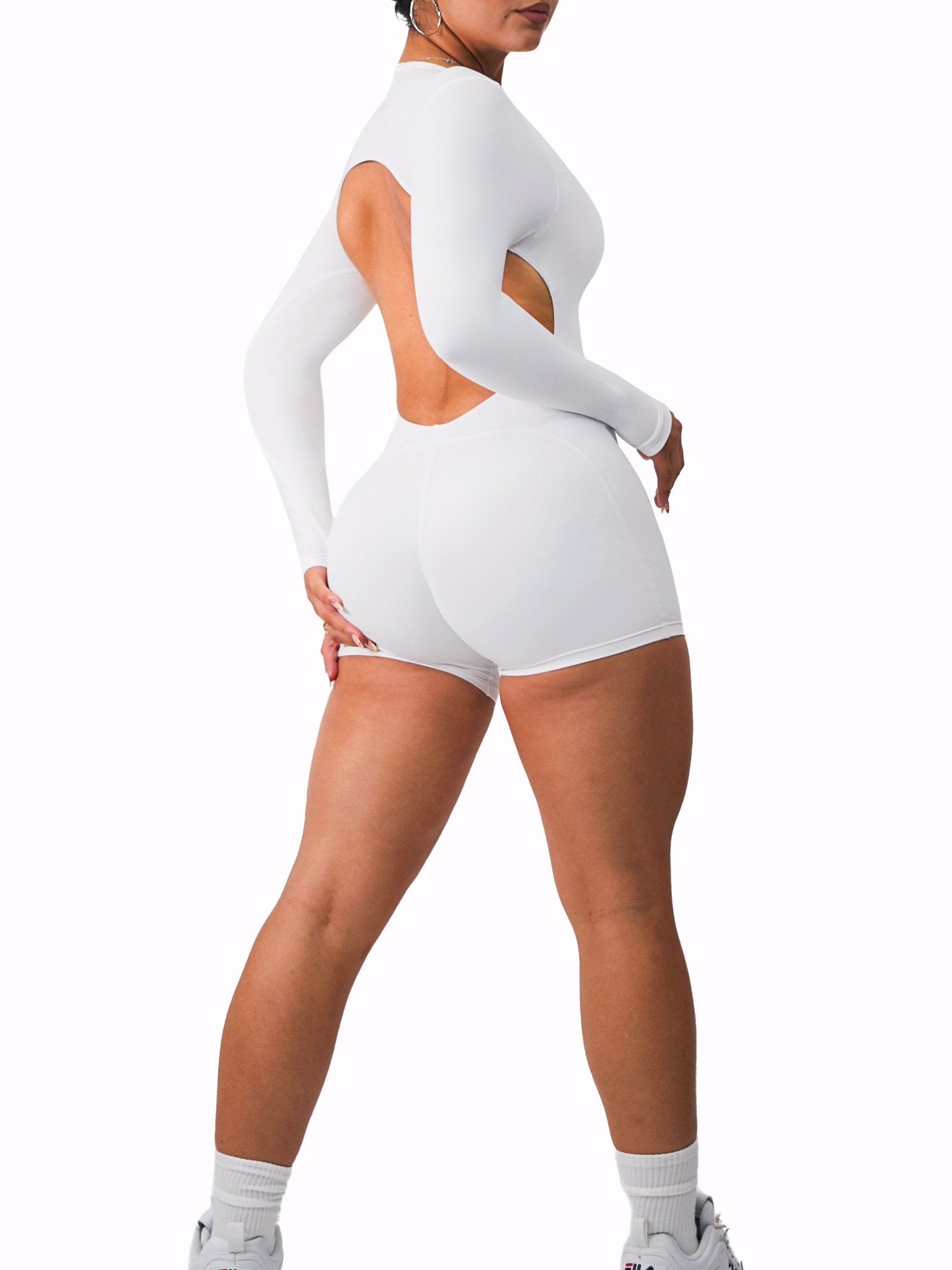 Backless Long Sleeve Short Romper (White) - Fitness Fashioness