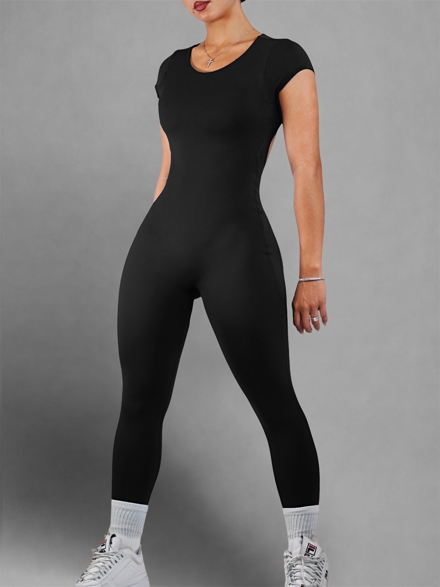 Backless Short Sleeve Jumpsuit (Black) - Fitness Fashioness