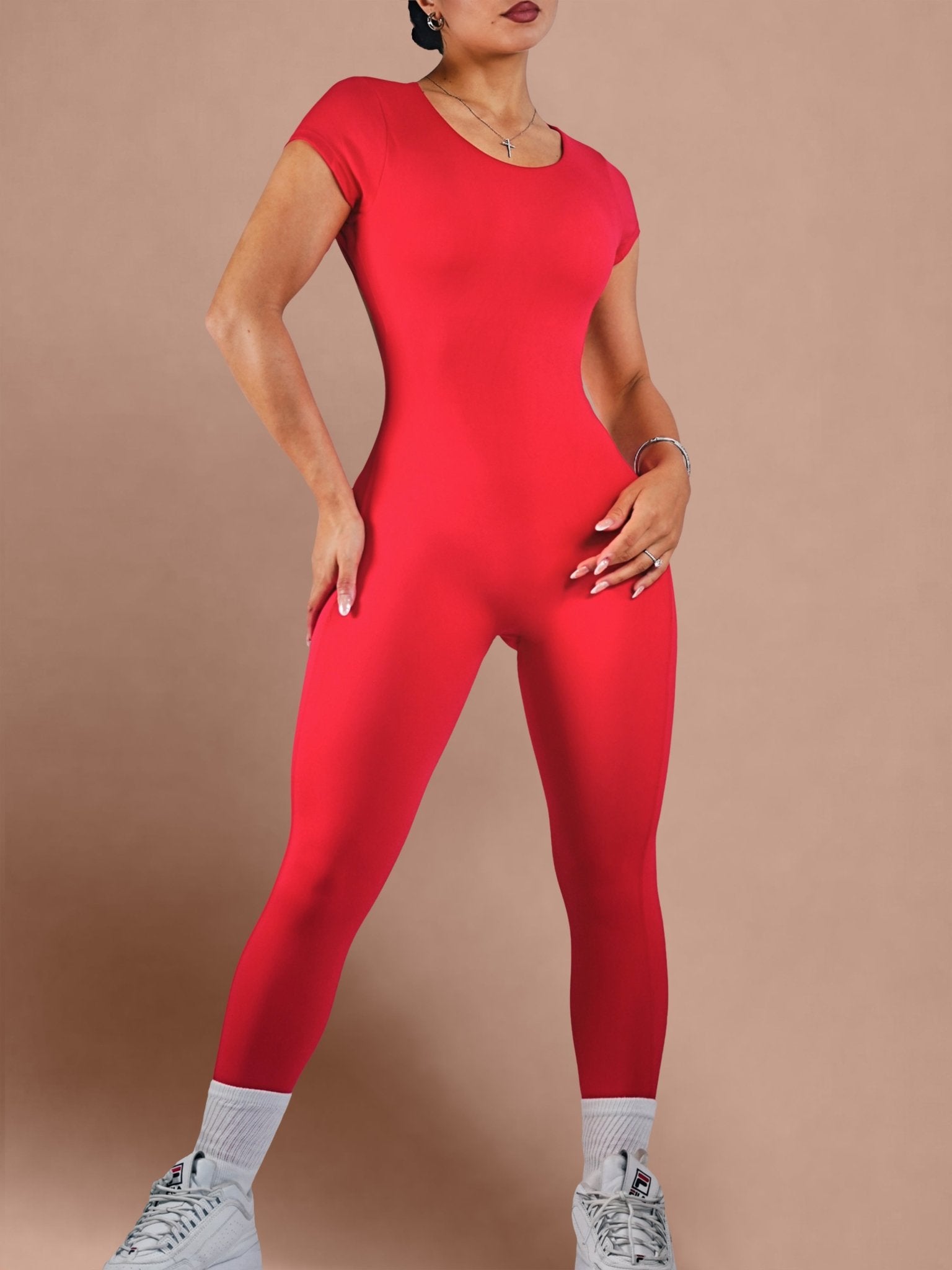 Backless Short Sleeve Jumpsuit (Daisy Red) - Fitness Fashioness
