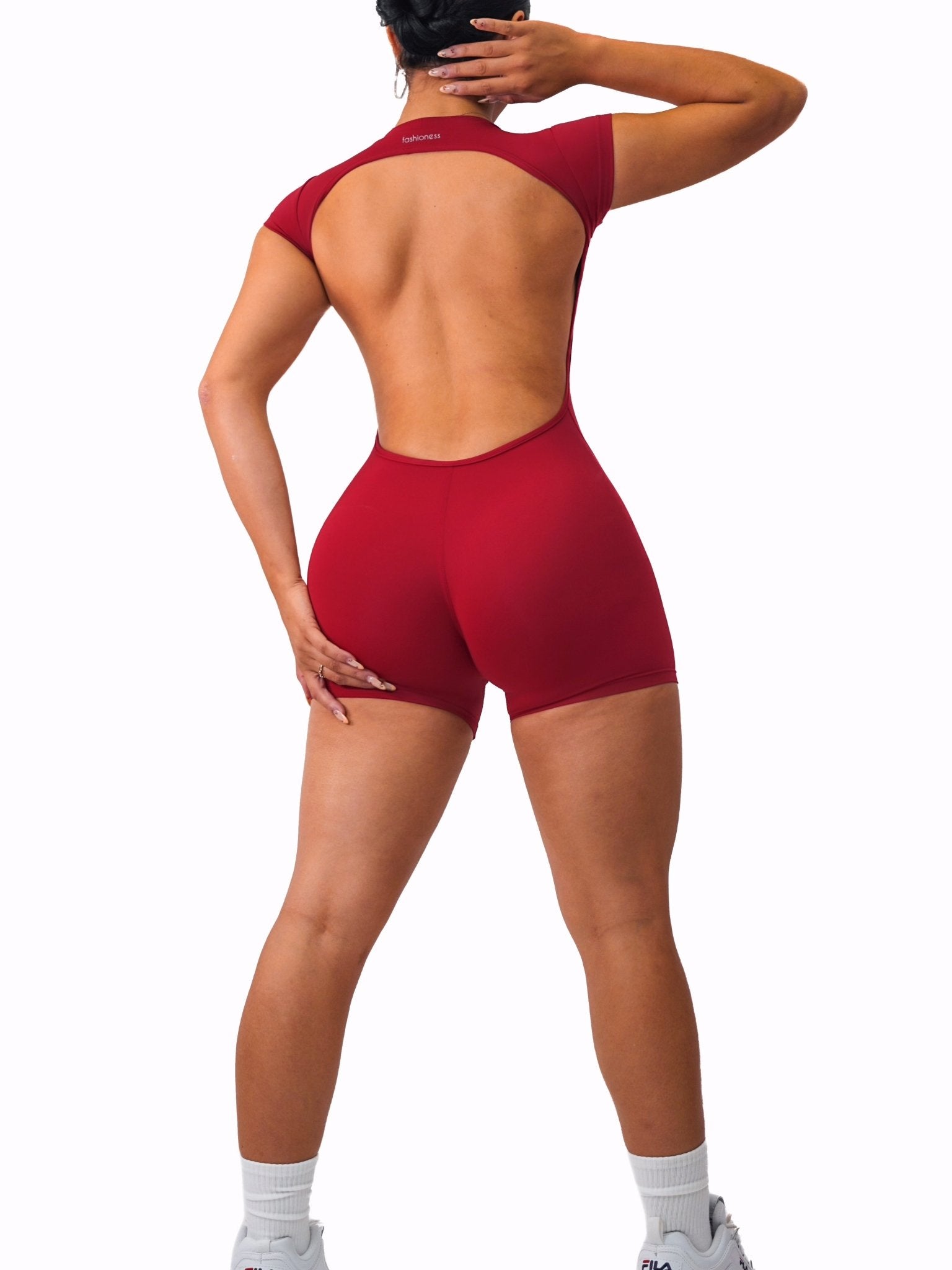 Backless Short Sleeve Short Romper (Cherry Red) - Fitness Fashioness