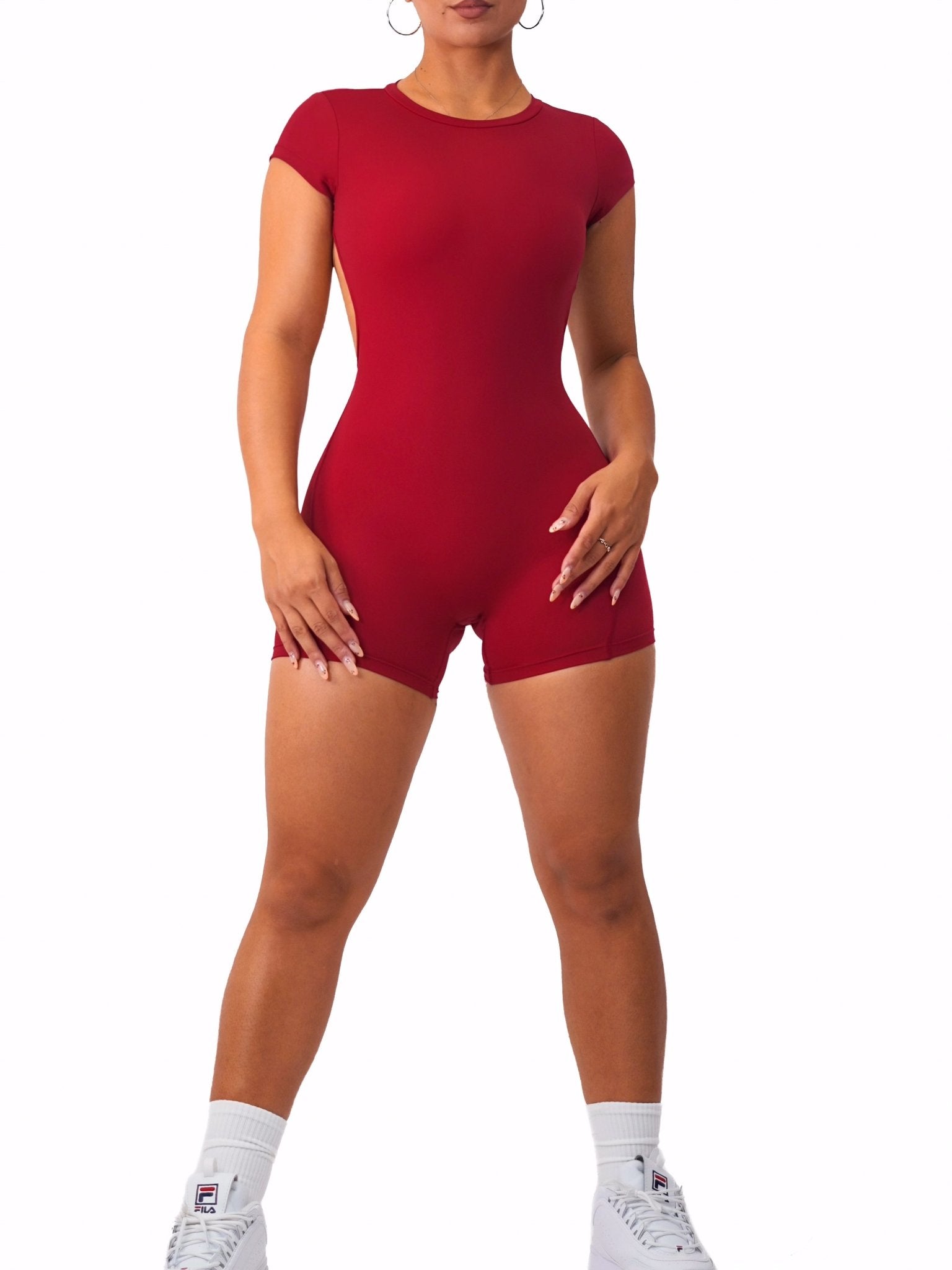 Backless Short Sleeve Short Romper (Cherry Red) - Fitness Fashioness