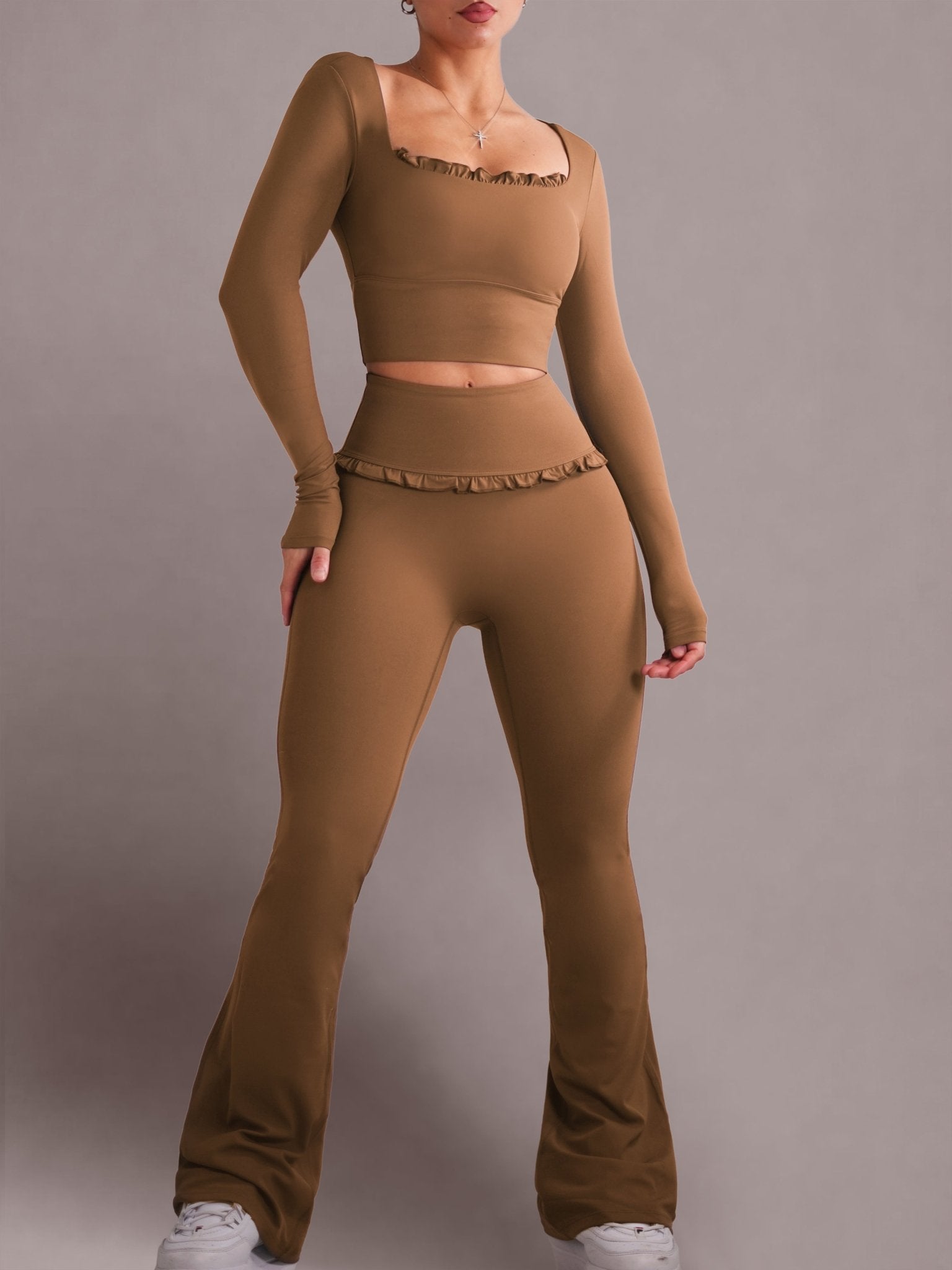 Ballet Ruffled Flare Leggings (Honey Brown) - Fitness Fashioness