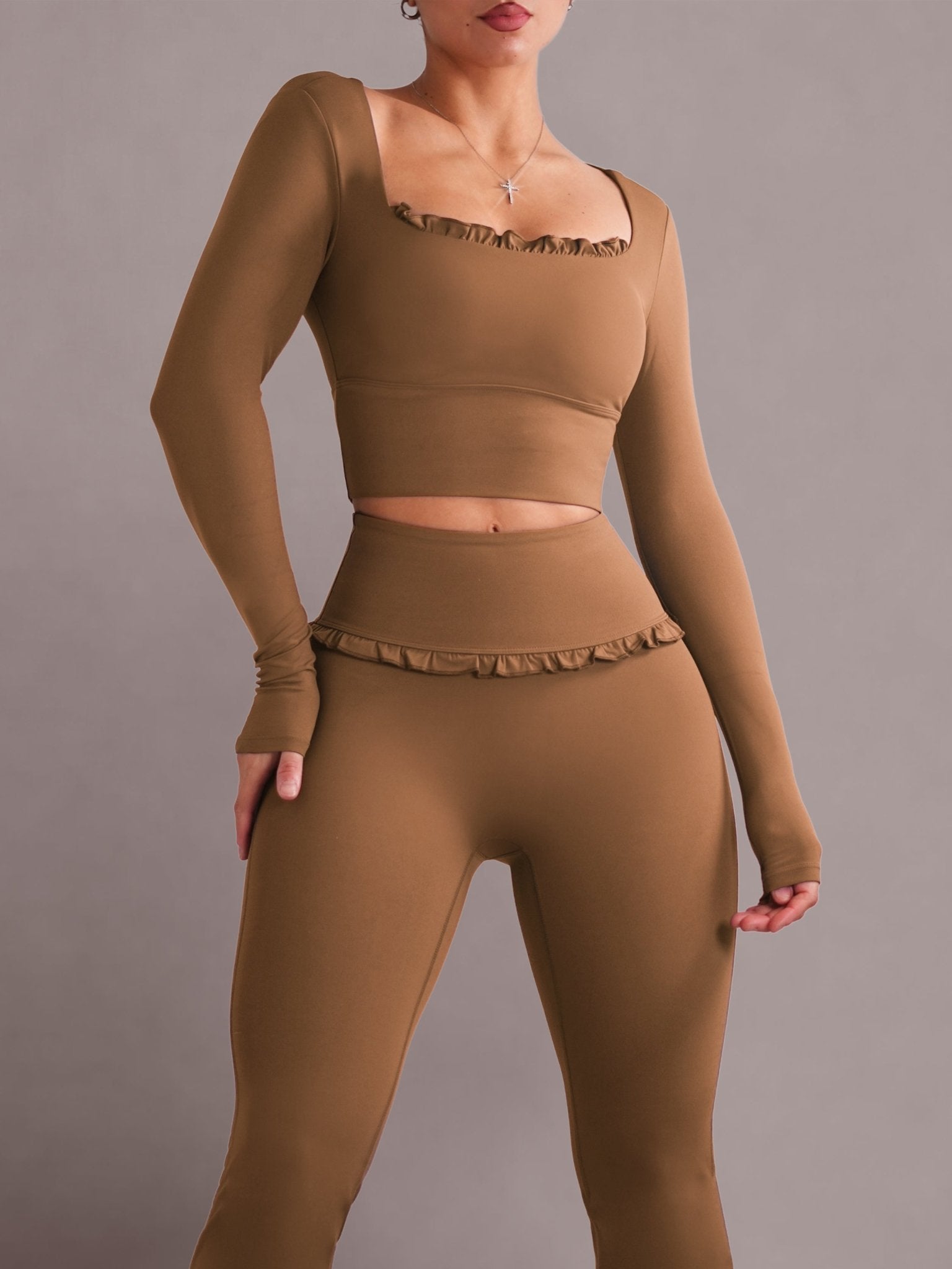 Ballet Ruffled Long Sleeve Sports Top (Honey Brown) - Fitness Fashioness