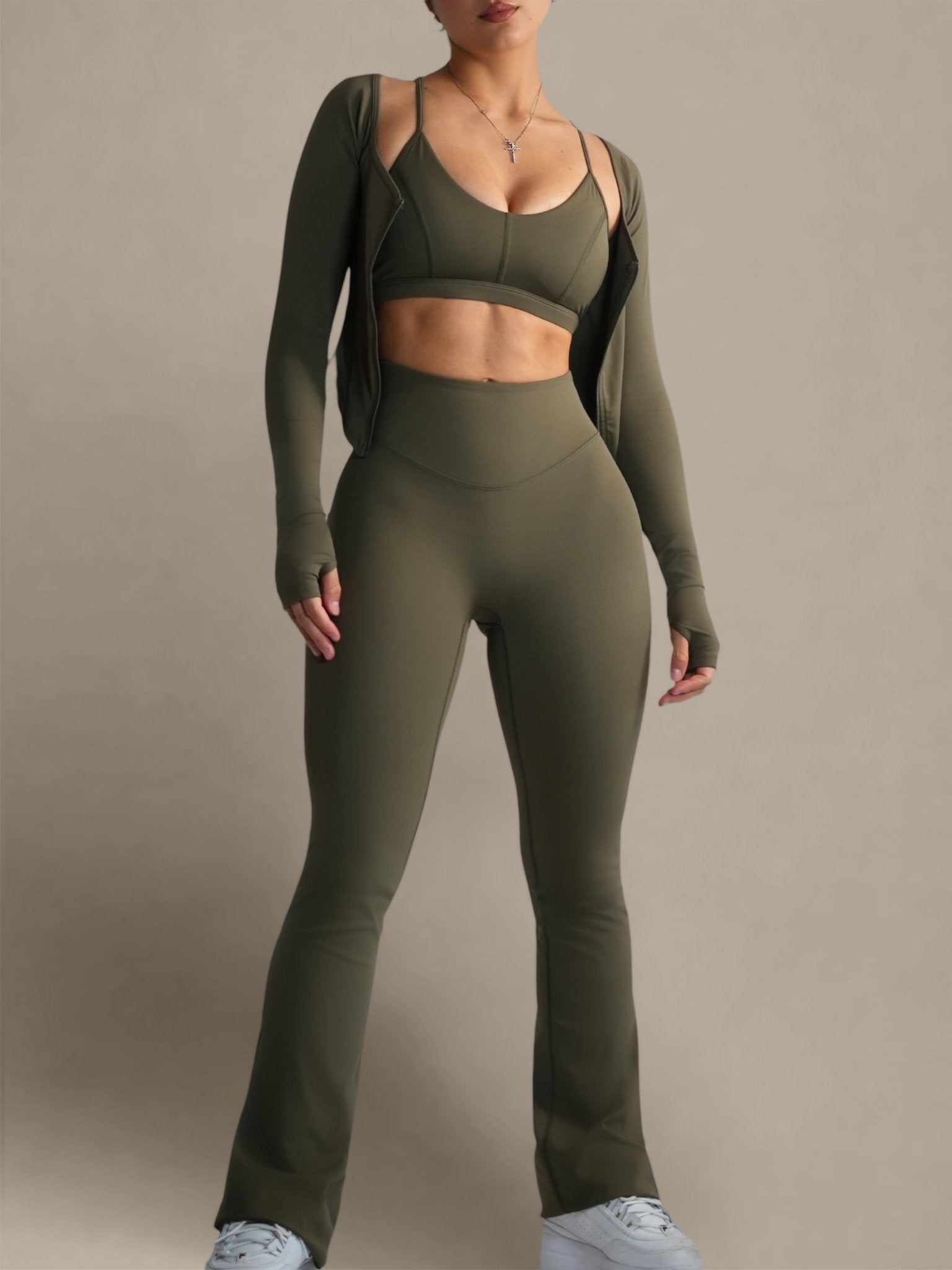 Bratty High Waisted Flare Leggings (Olive Green) - Fitness Fashioness