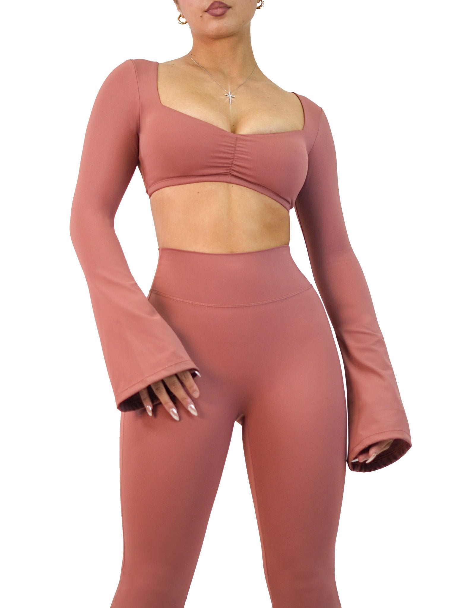 City Girl Flared Long Sleeve Sports Top (Blush Red) - Fitness Fashioness