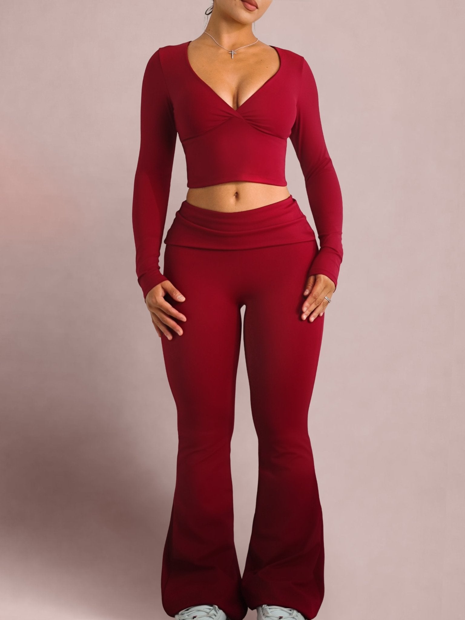Effortless Foldable Flare Leggings (Hibiscus Red) - Fitness Fashioness