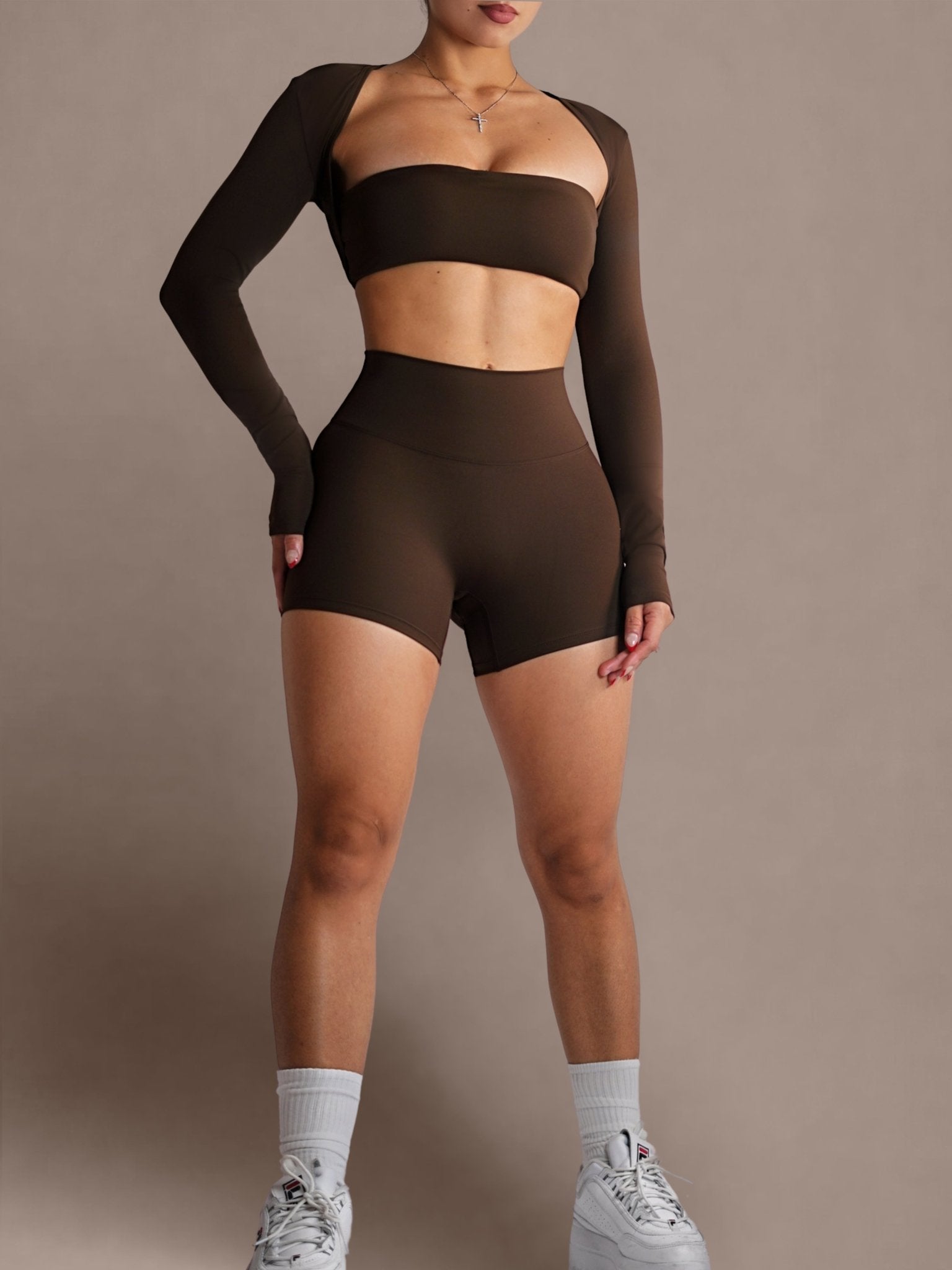 Embody High Waisted Shorts (Dark Chocolate) - Fitness Fashioness