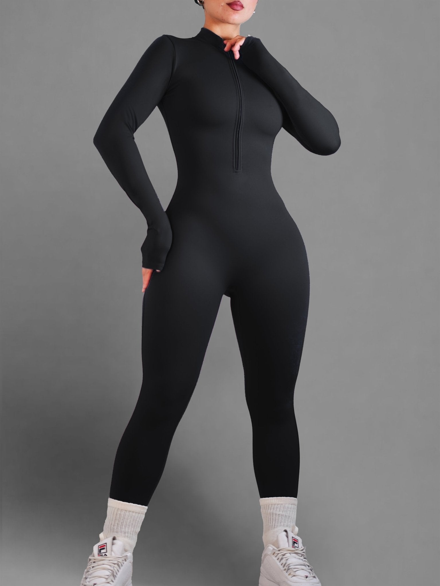 Endure Long Sleeve Zipper Jumpsuit (Black) - Fitness Fashioness