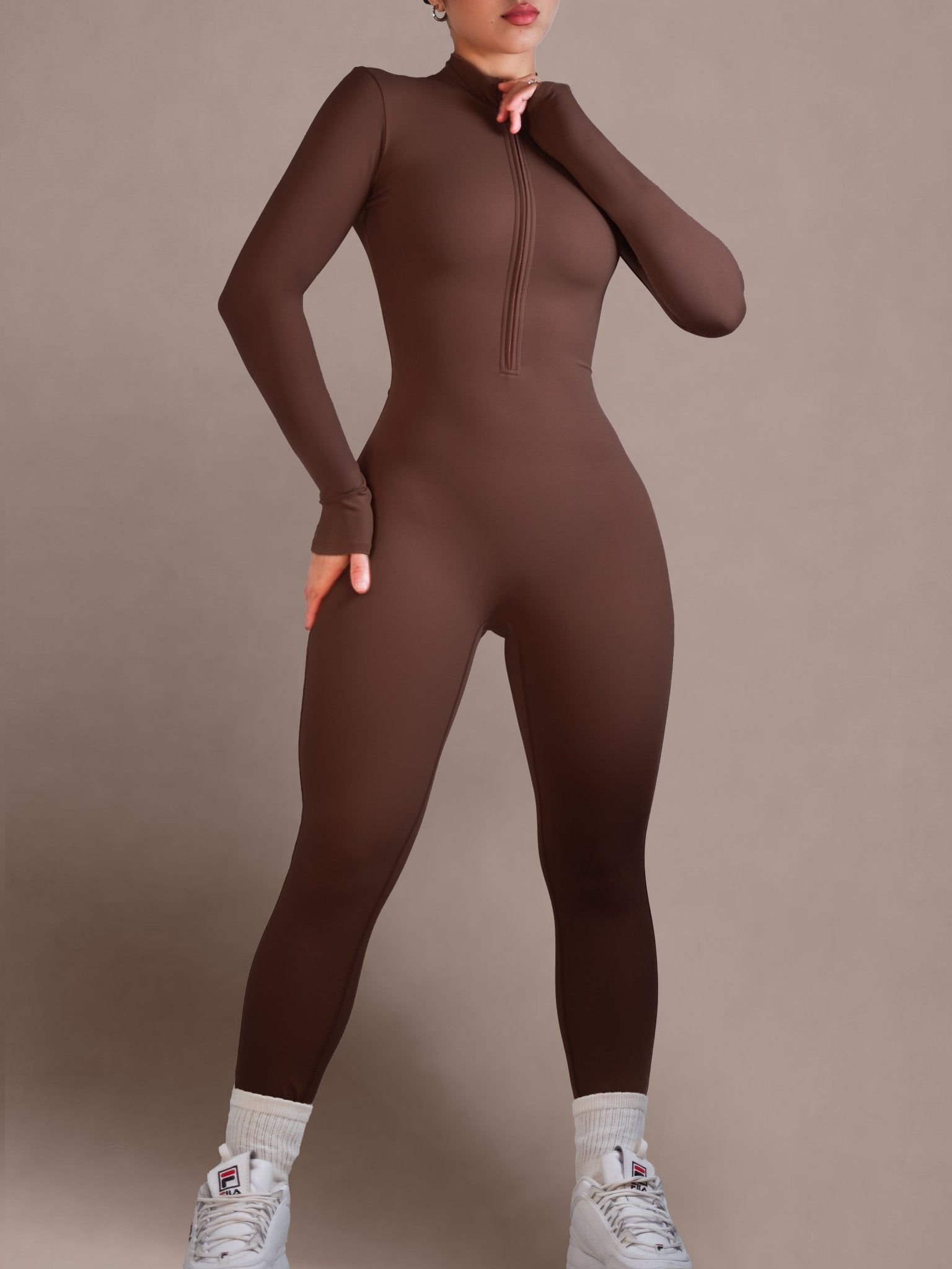 Endure Long Sleeve Zipper Jumpsuit (Espresso) - Fitness Fashioness