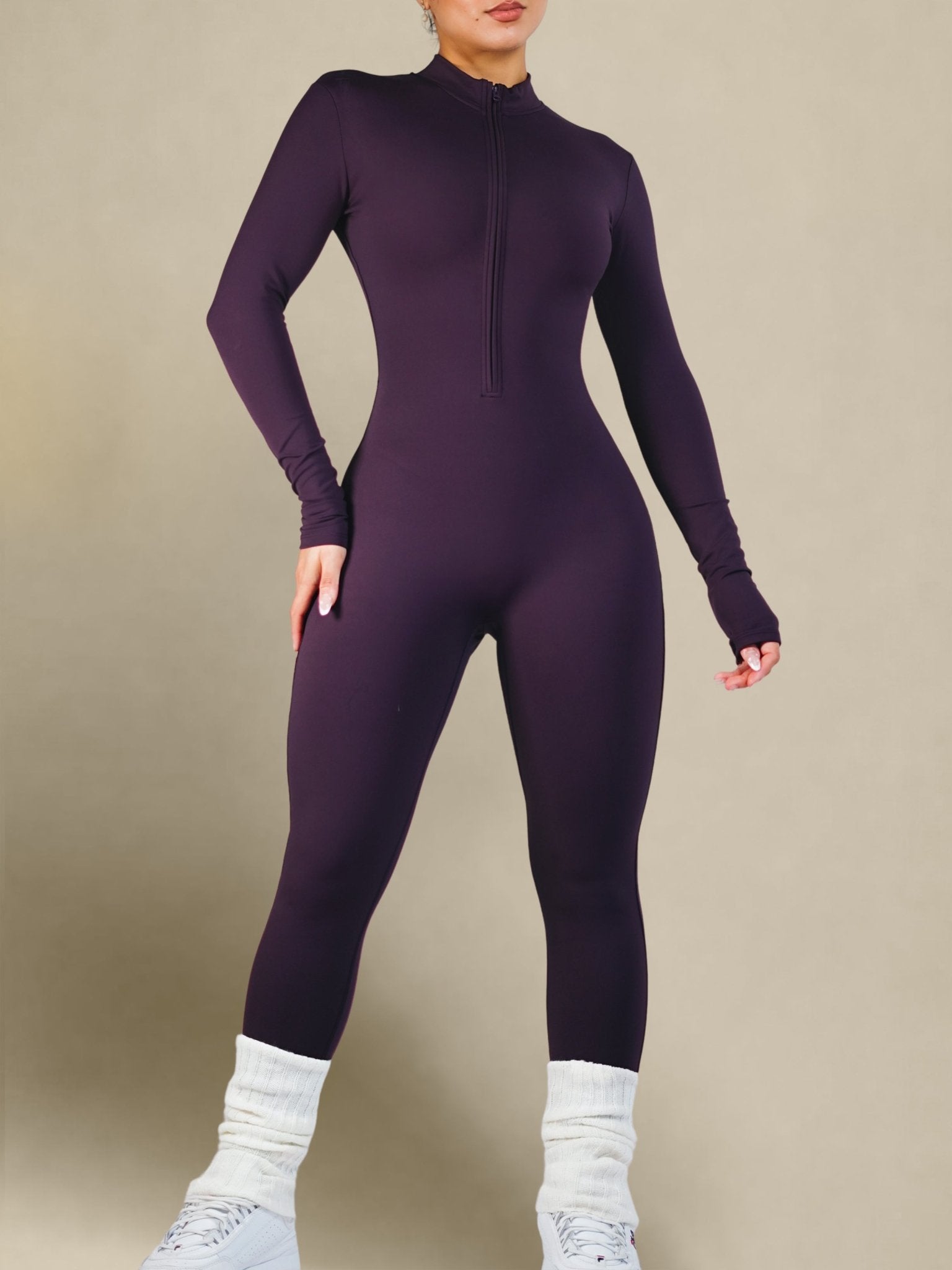 Endure Long Sleeve Zipper Jumpsuit (Purple) - Fitness Fashioness