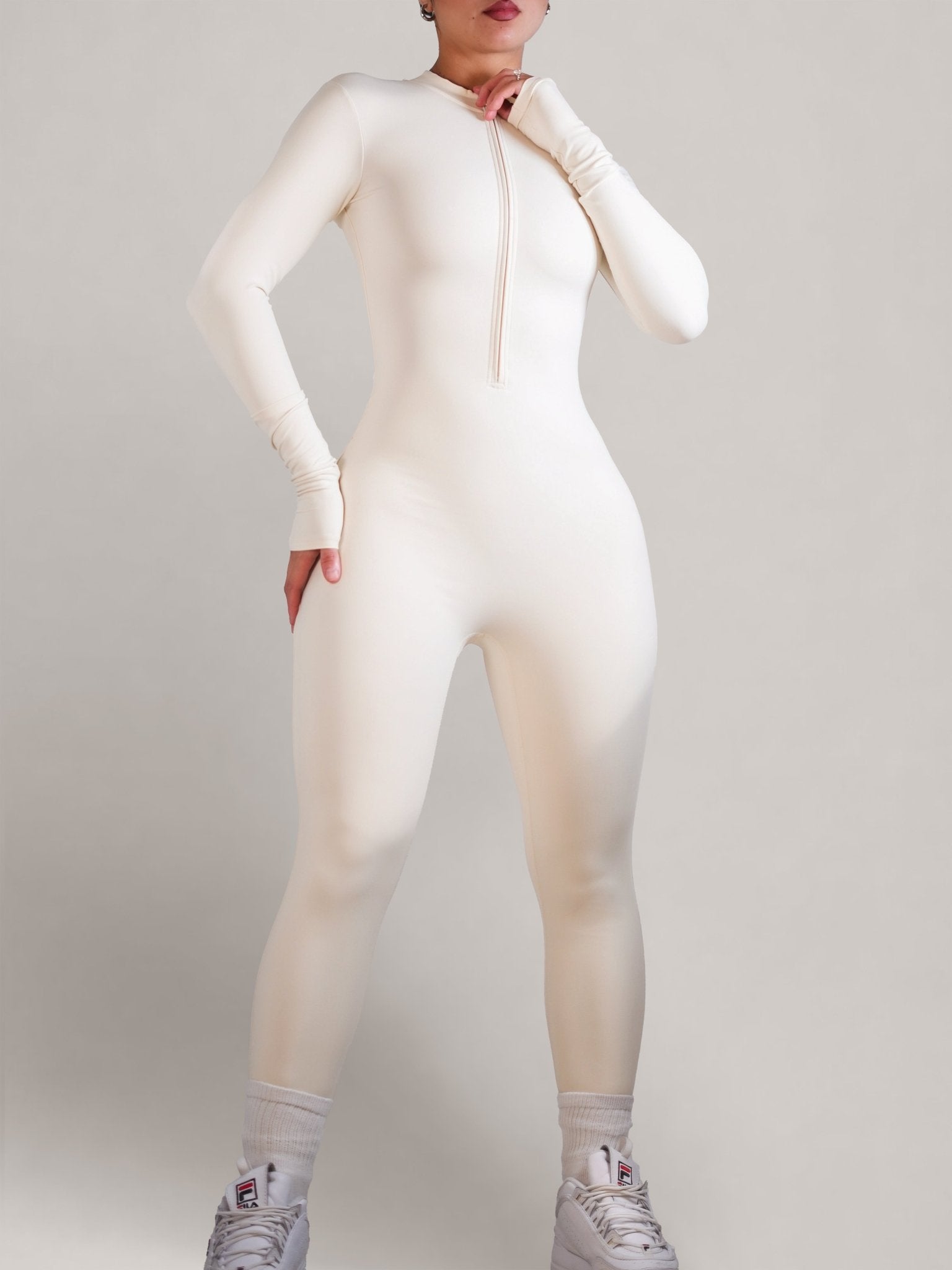 Endure Long Sleeve Zipper Jumpsuit (Vanilla Bean) - Fitness Fashioness