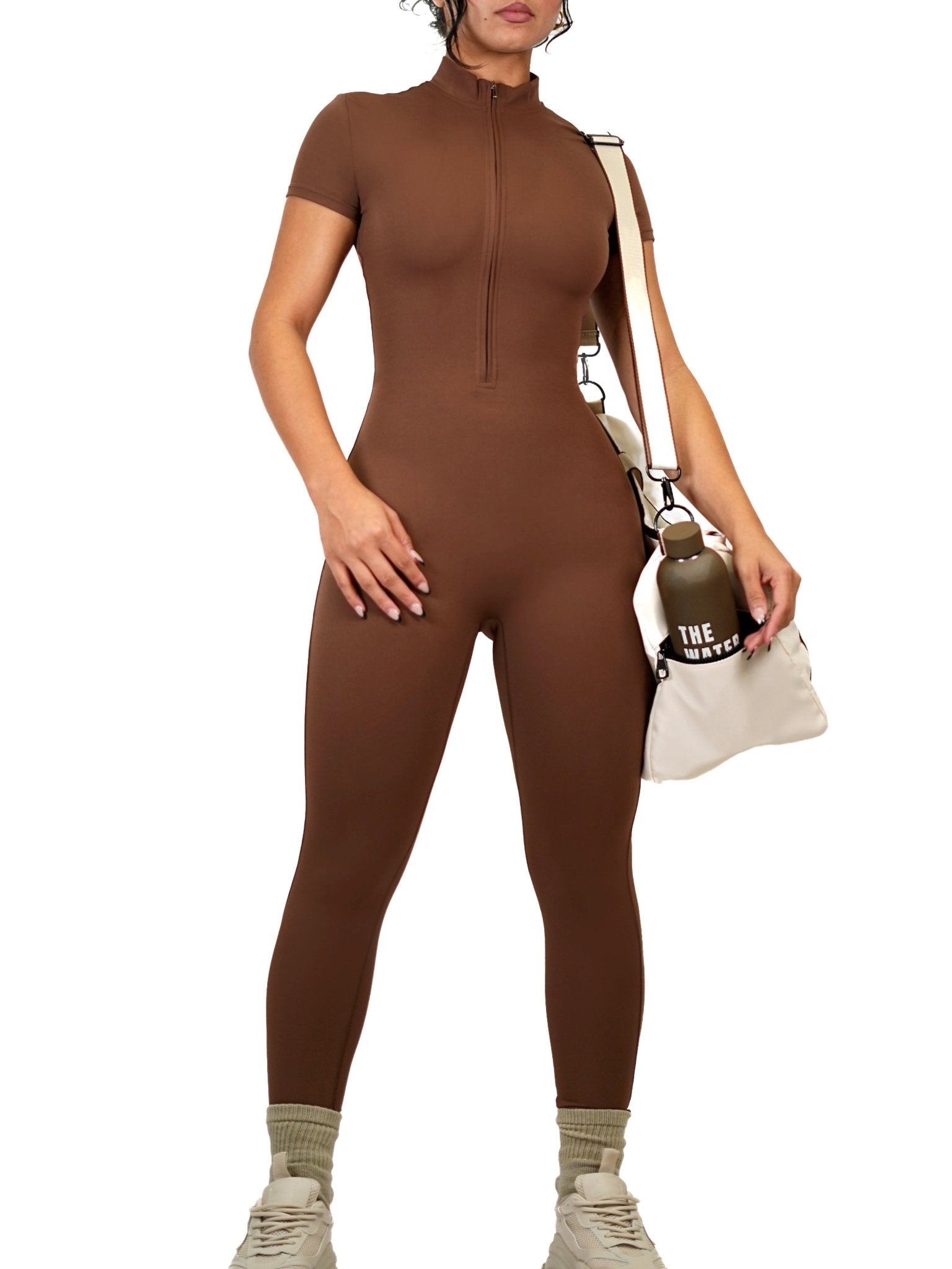 Fitted Zipper Jumpsuit (Sweet Brown) - Fitness Fashioness