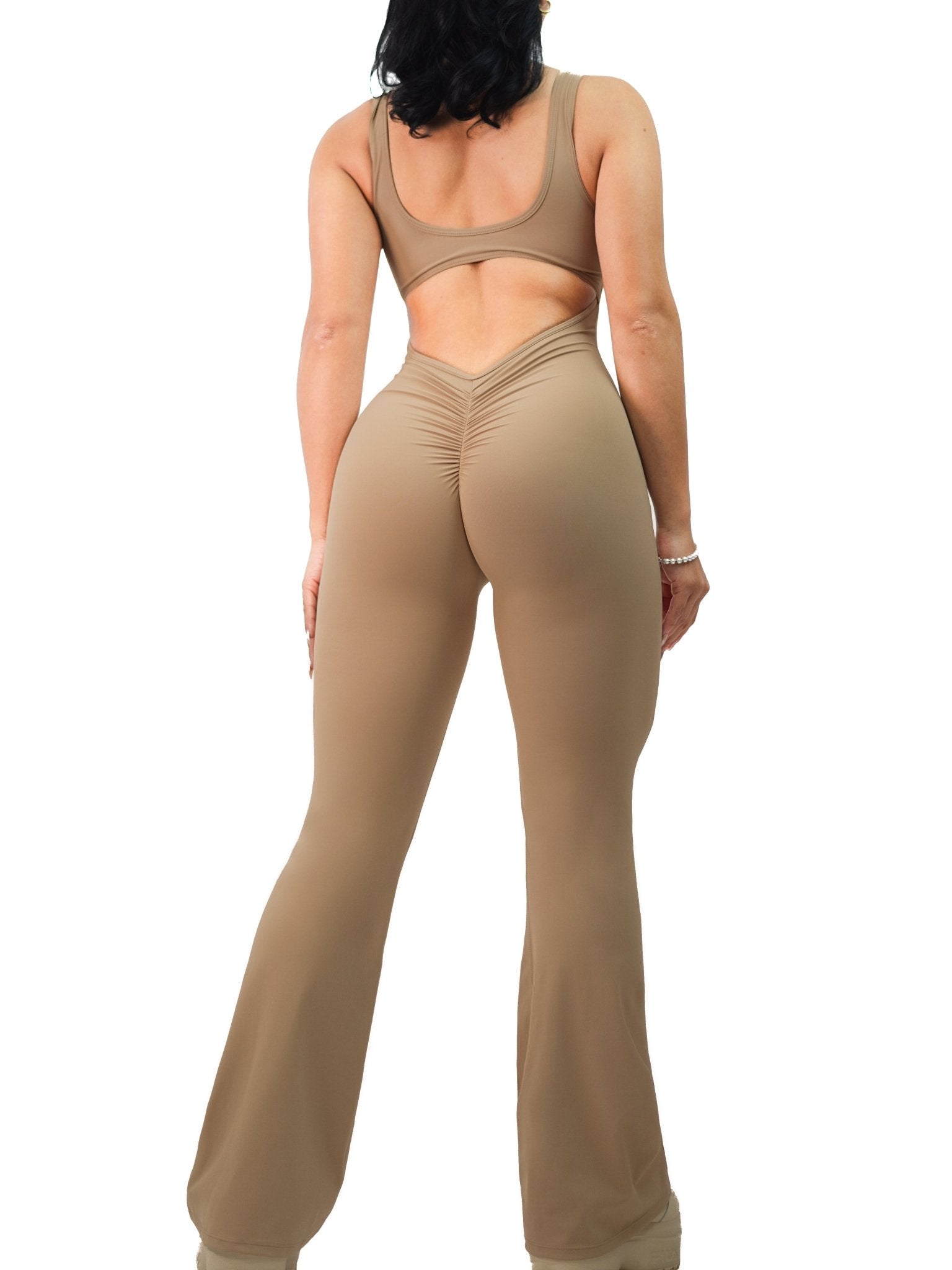 Flare Scrunch Jumpsuit (Light Cocoa) - Fitness Fashioness