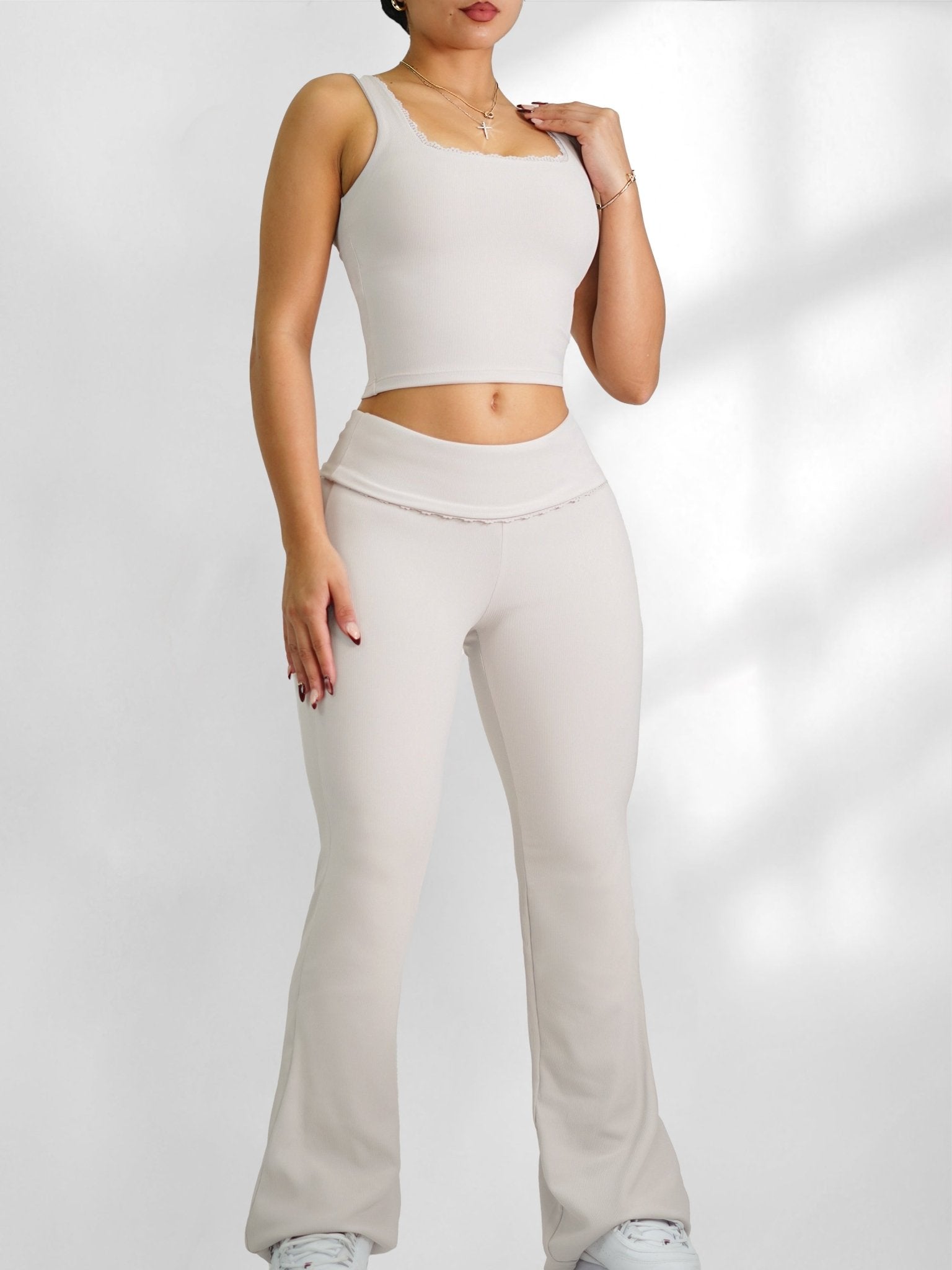 Lace Pilates Flare Leggings (Off - White) - Fitness Fashioness