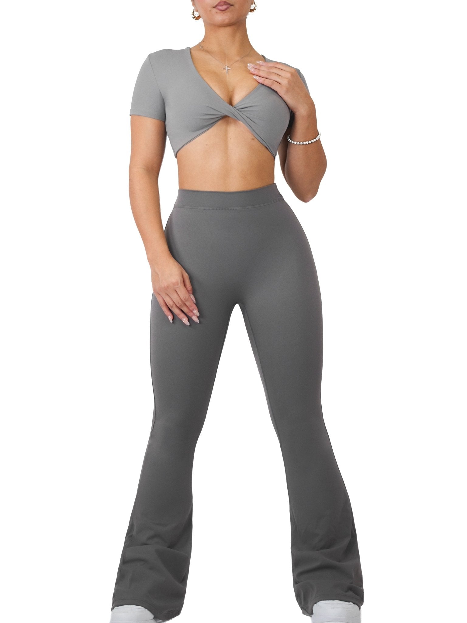 Low Back Scrunch Flare Leggings (Gray) - Fitness Fashioness