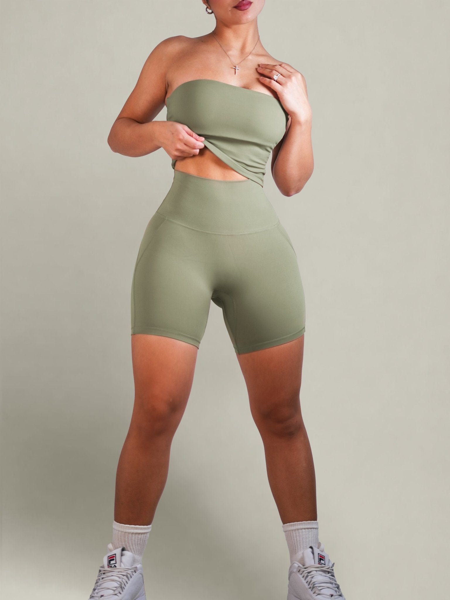 Milestone High Waisted Shorts (Eucalyptus Kiss) - Fitness Fashioness