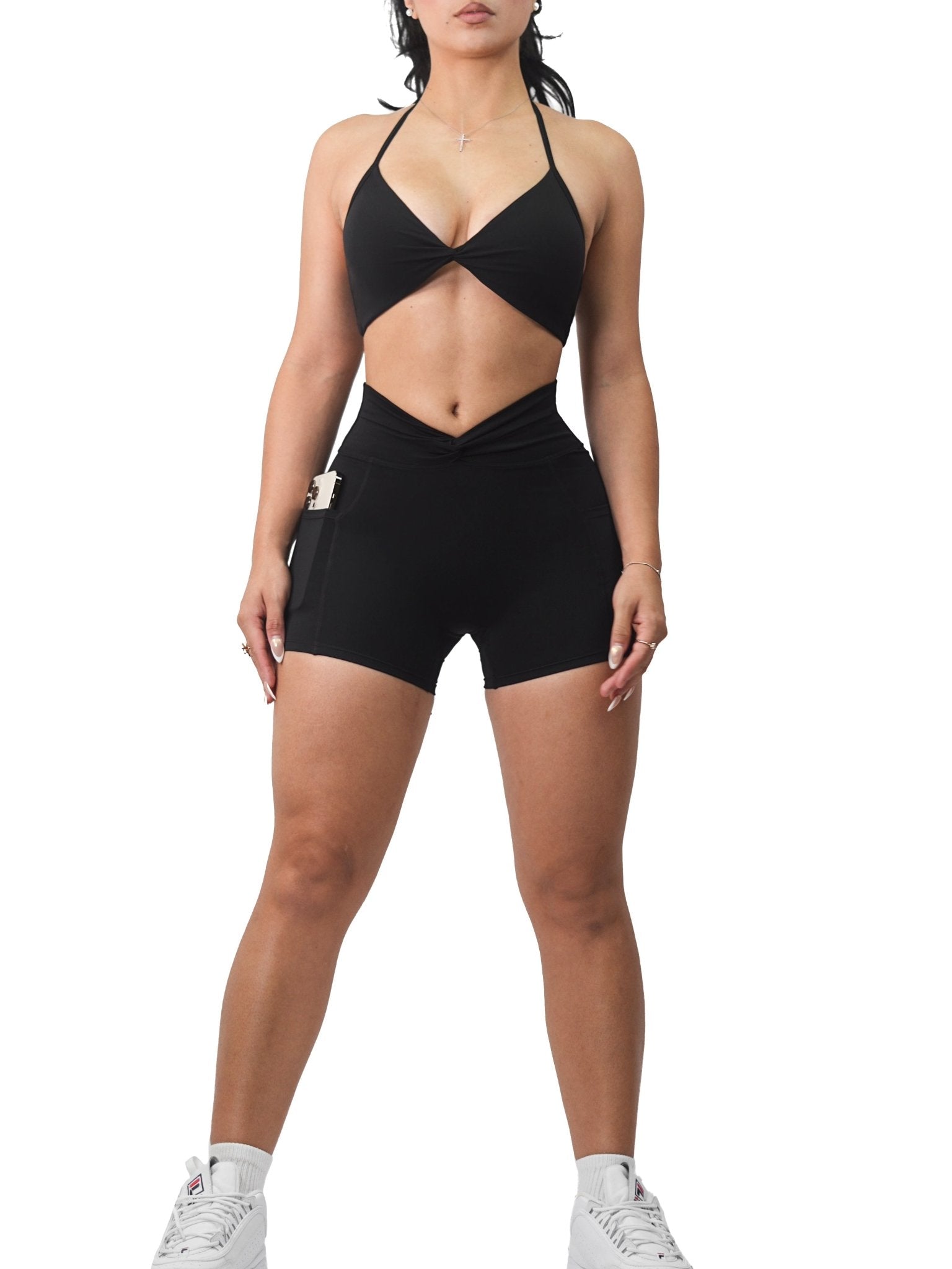Pocket Twist Booty Shorts (Black) - Fitness Fashioness