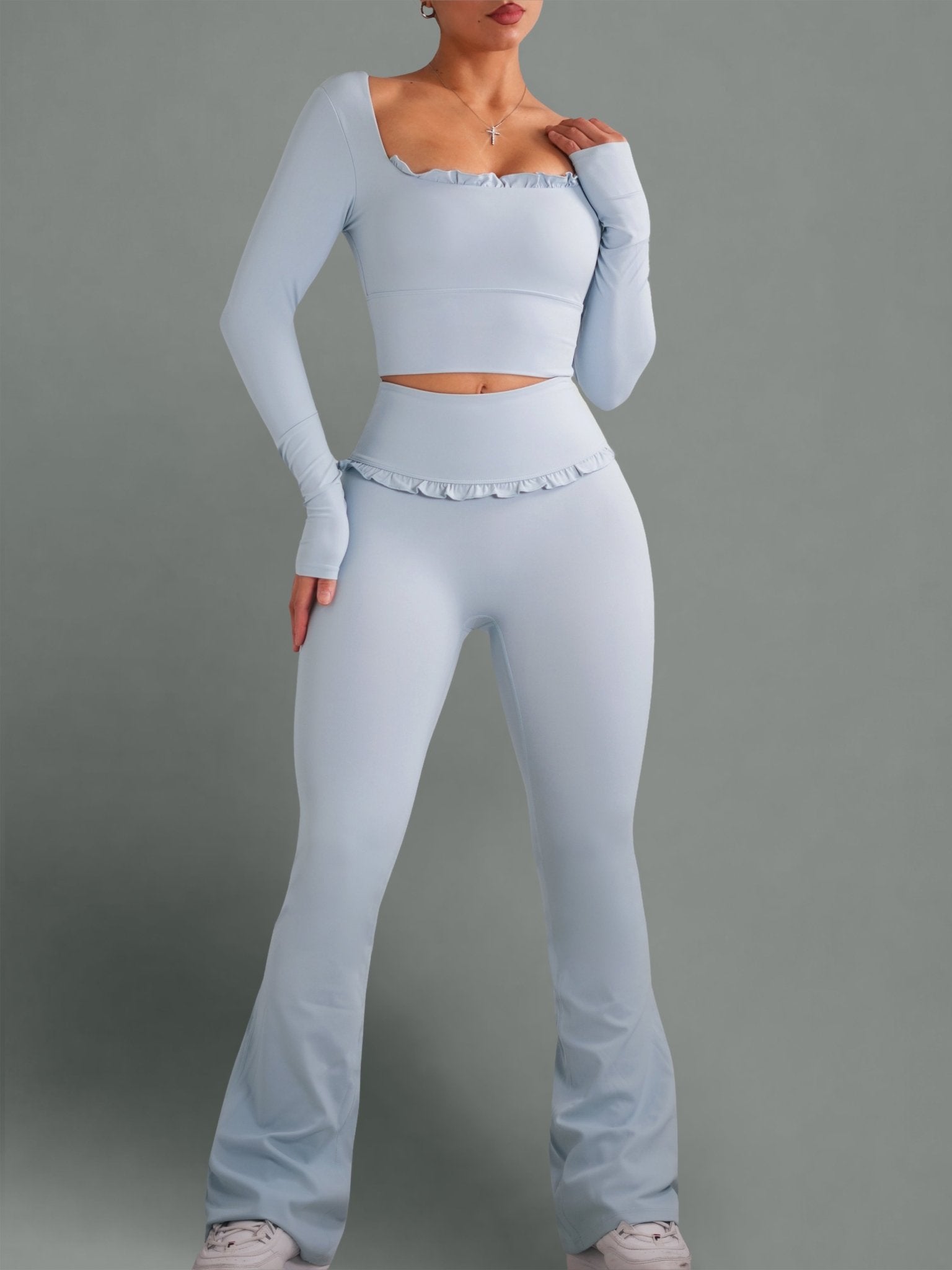 (PRE - ORDER) Ballet Ruffled Flare Leggings (Blush Blue) - Fitness Fashioness
