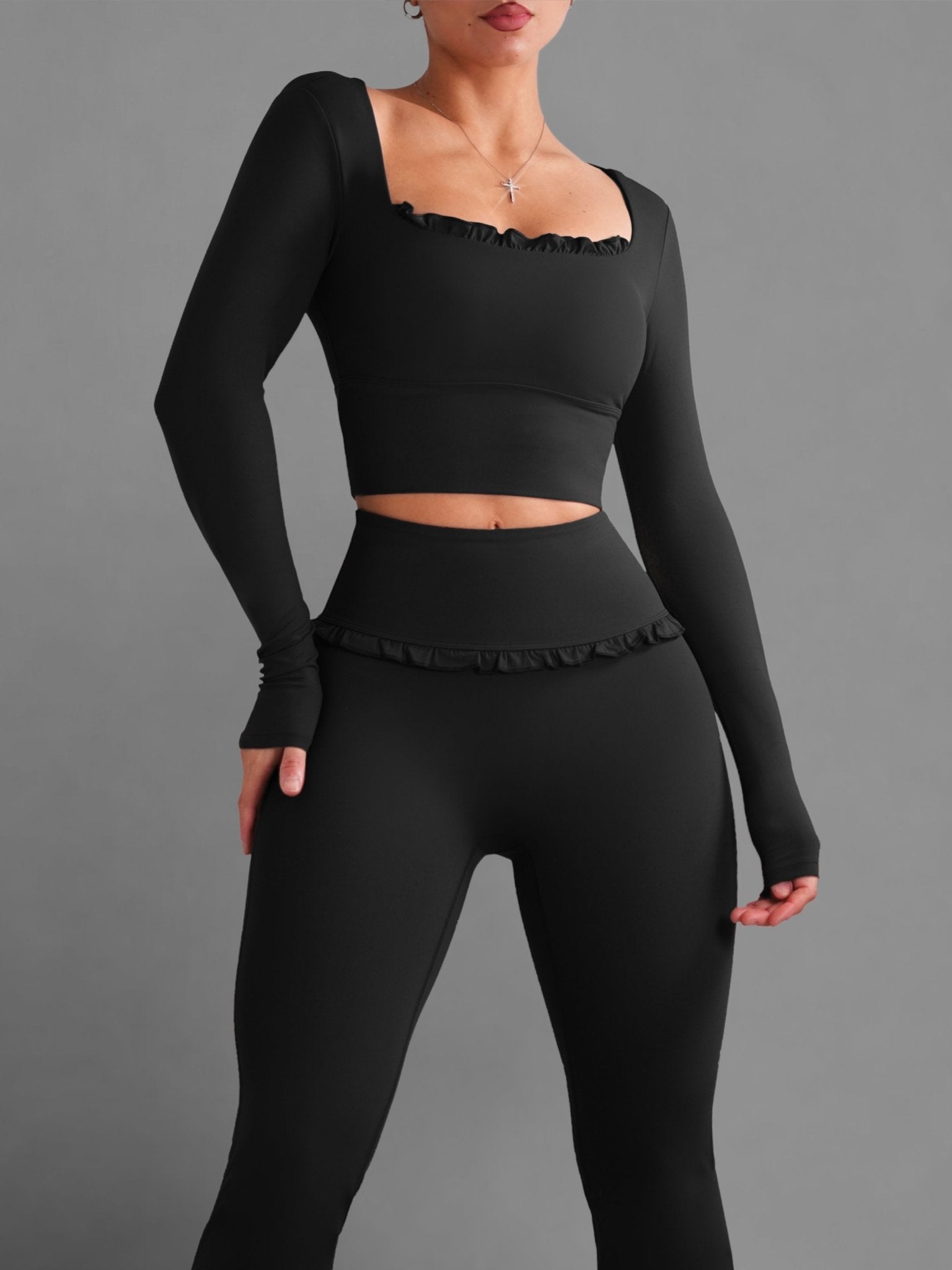 (PRE - ORDER) Ballet Ruffled Long Sleeve Sports Top (Black) - Fitness Fashioness