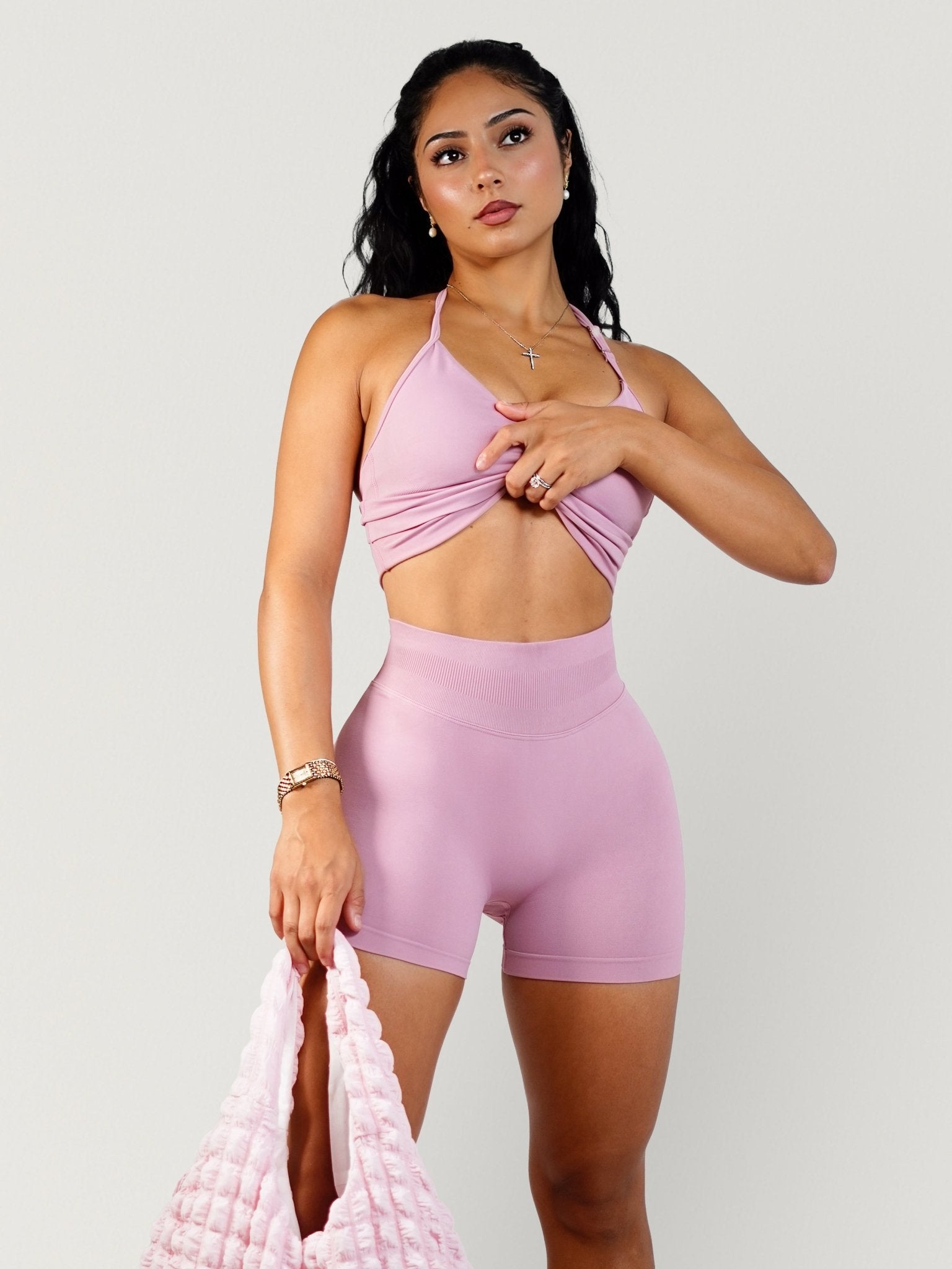 (PRE - ORDER) Curve Club Halter Sports Top (Satin Pink) - Fitness Fashioness