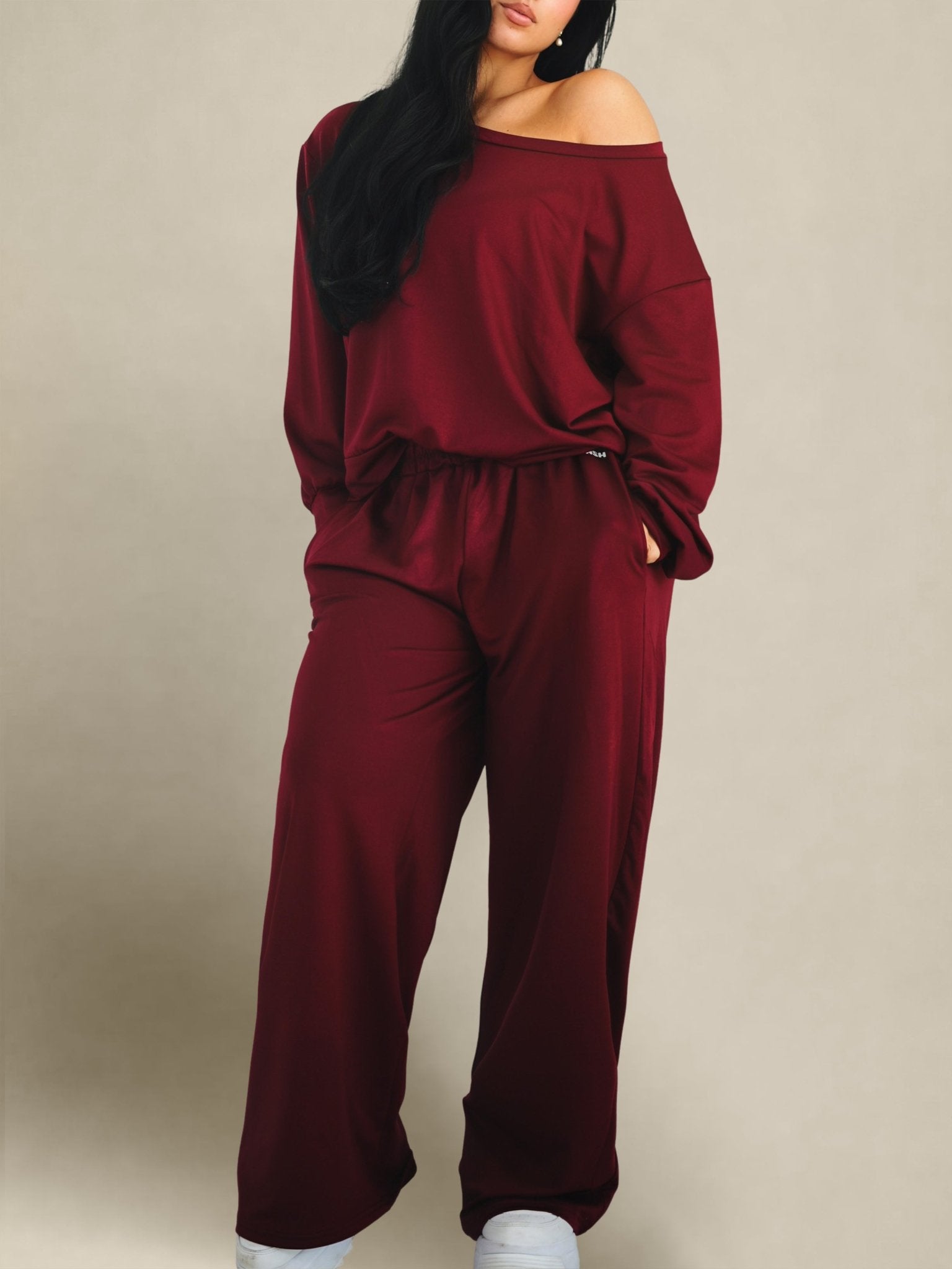 (PRE - ORDER) Wide Leg Athletic Trousers (Deep Burgundy) - Fitness Fashioness