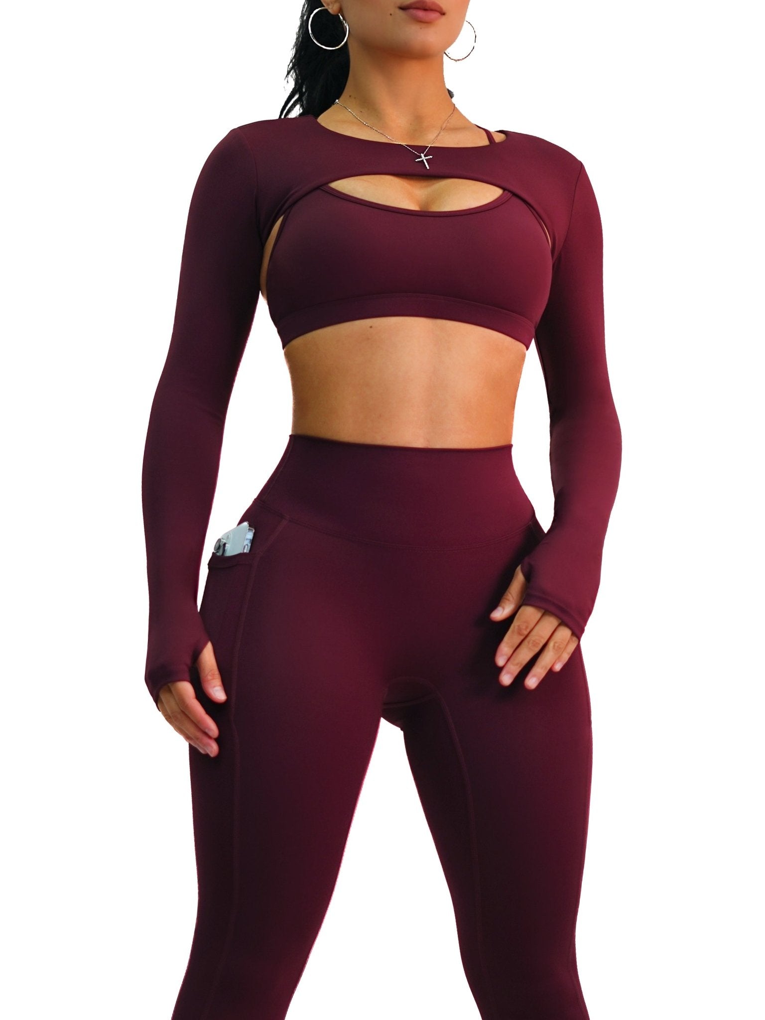 Premier Mini Crop Long Sleeves (Burgundy) - Fitness Fashioness