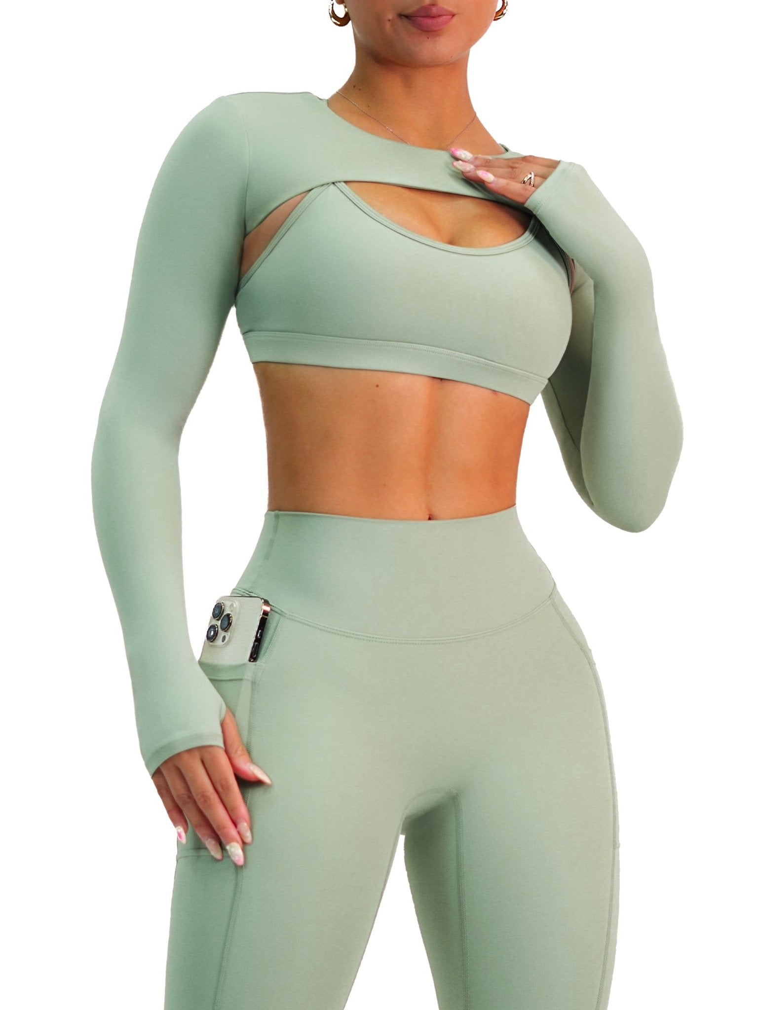 Premier Mini Crop Long Sleeves (Eucalyptus) - Fitness Fashioness