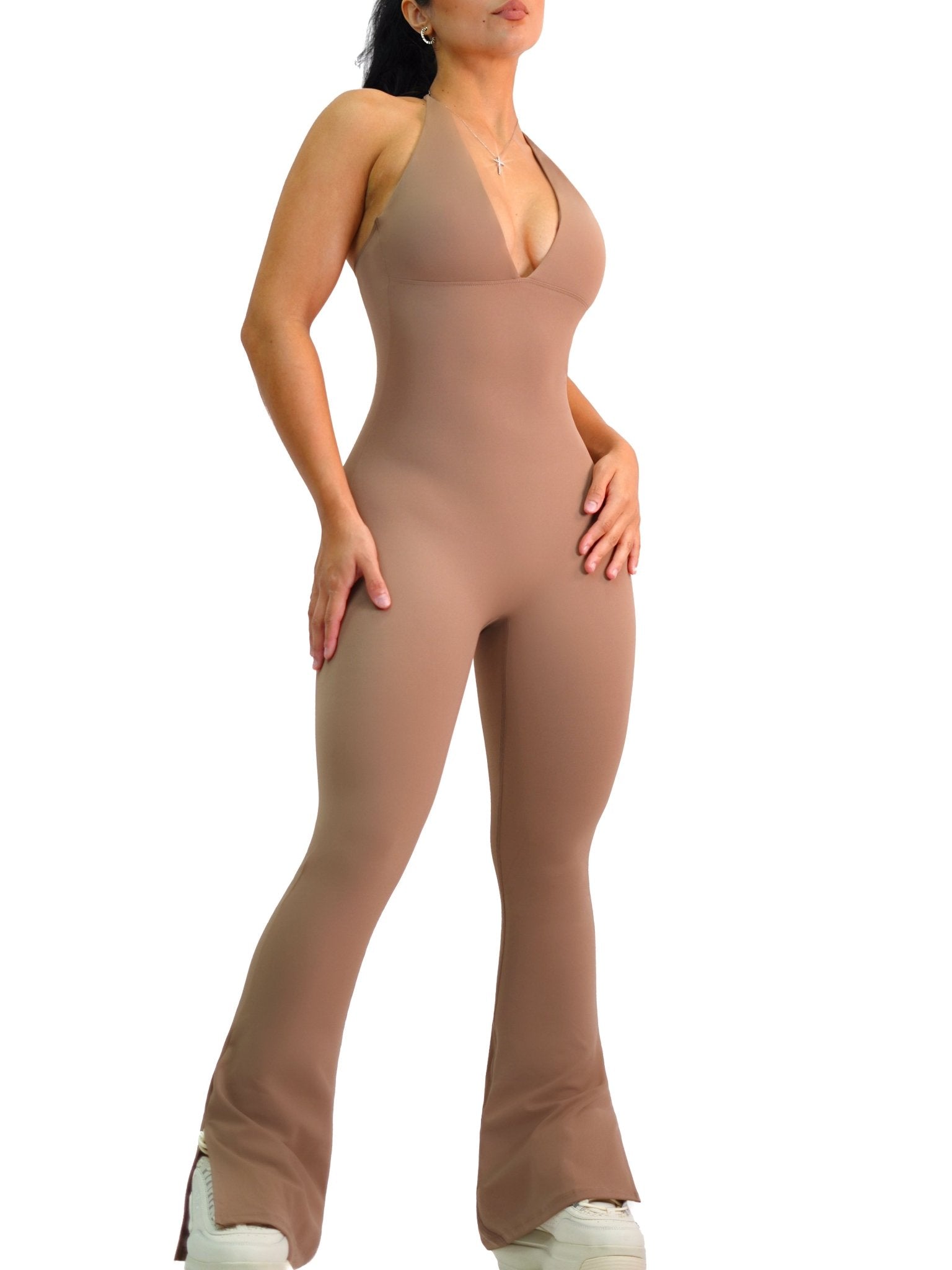 Radiance Flare Jumpsuit (Light Cocoa) - Fitness Fashioness