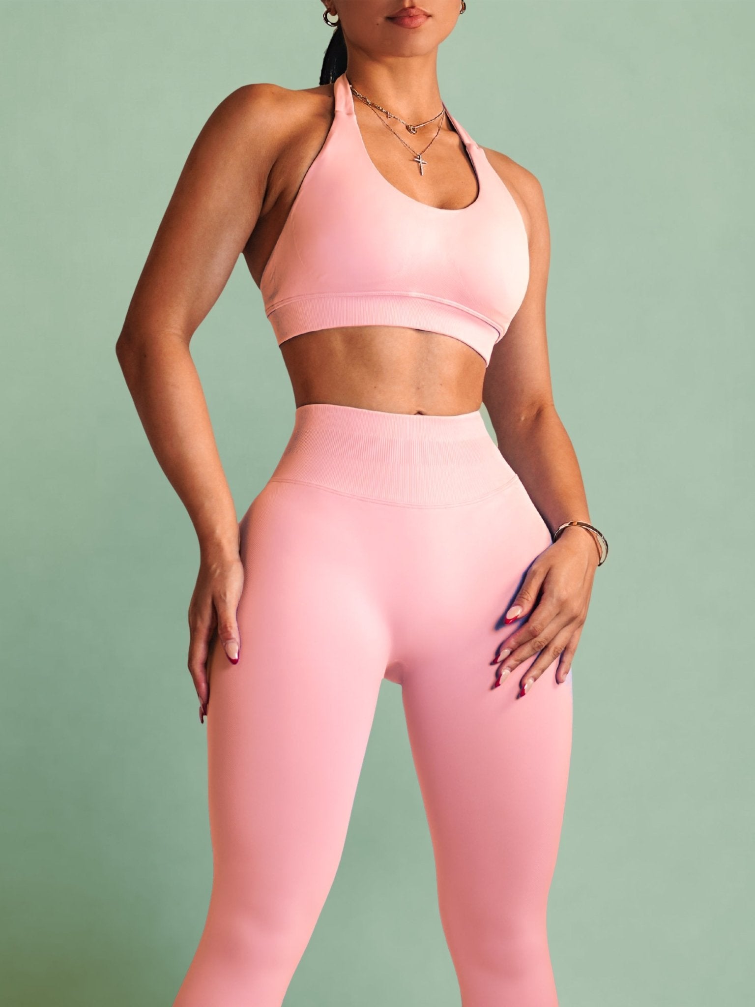 Sculpt Society Halter Sports Bra (Blossom Pink) - Fitness Fashioness
