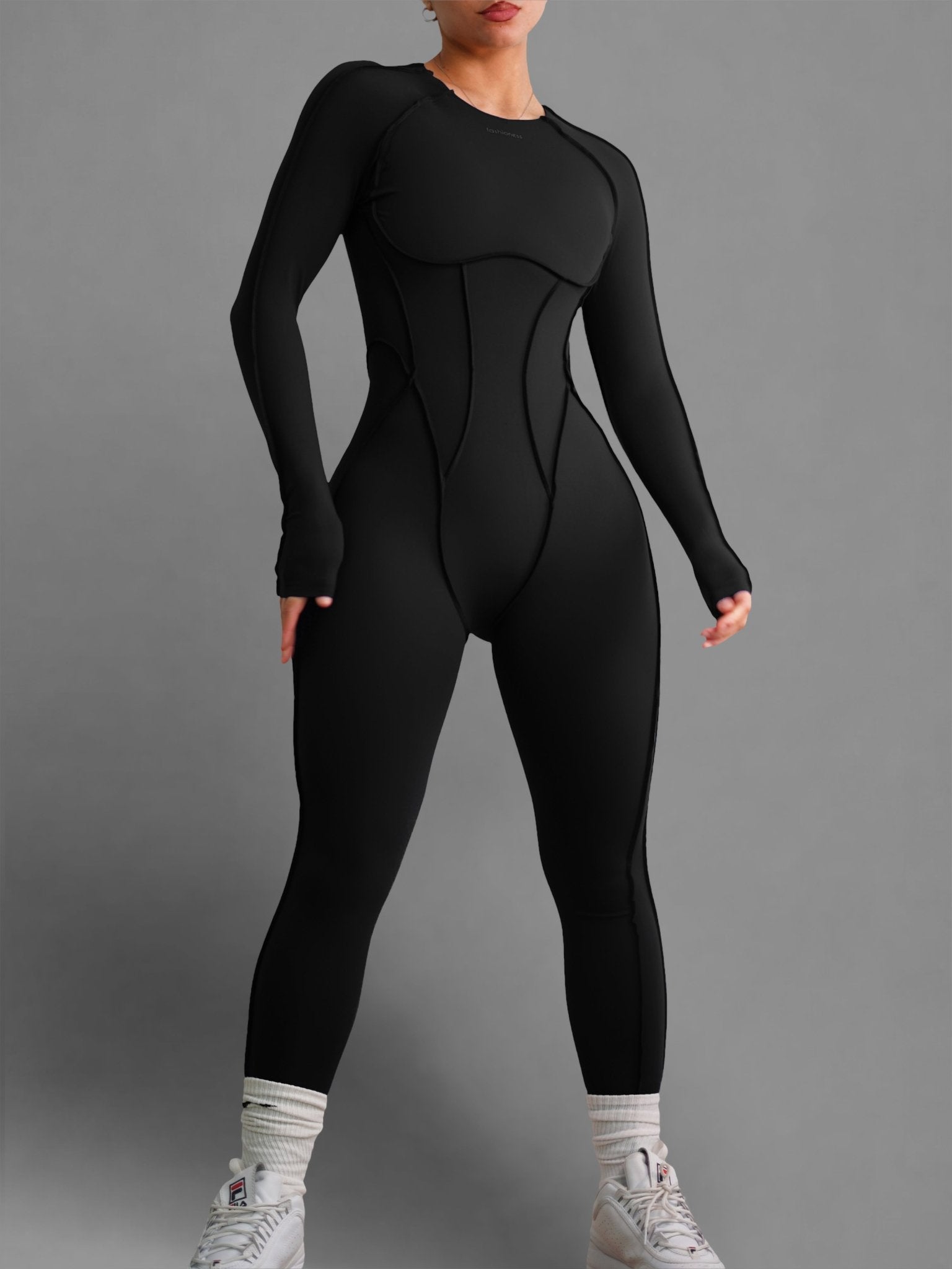 Seam Sculpt Backless Long Sleeve Jumpsuit (Black) - Fitness Fashioness