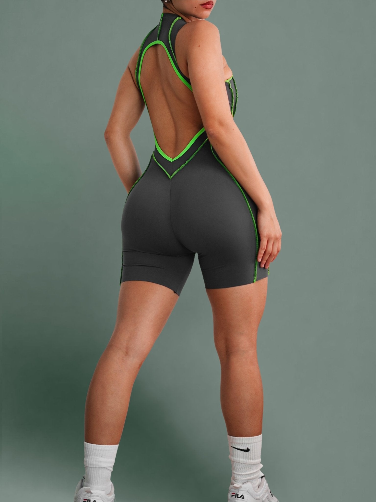 Seam Sculpt Backless Romper (Smoked Gray) - Fitness Fashioness