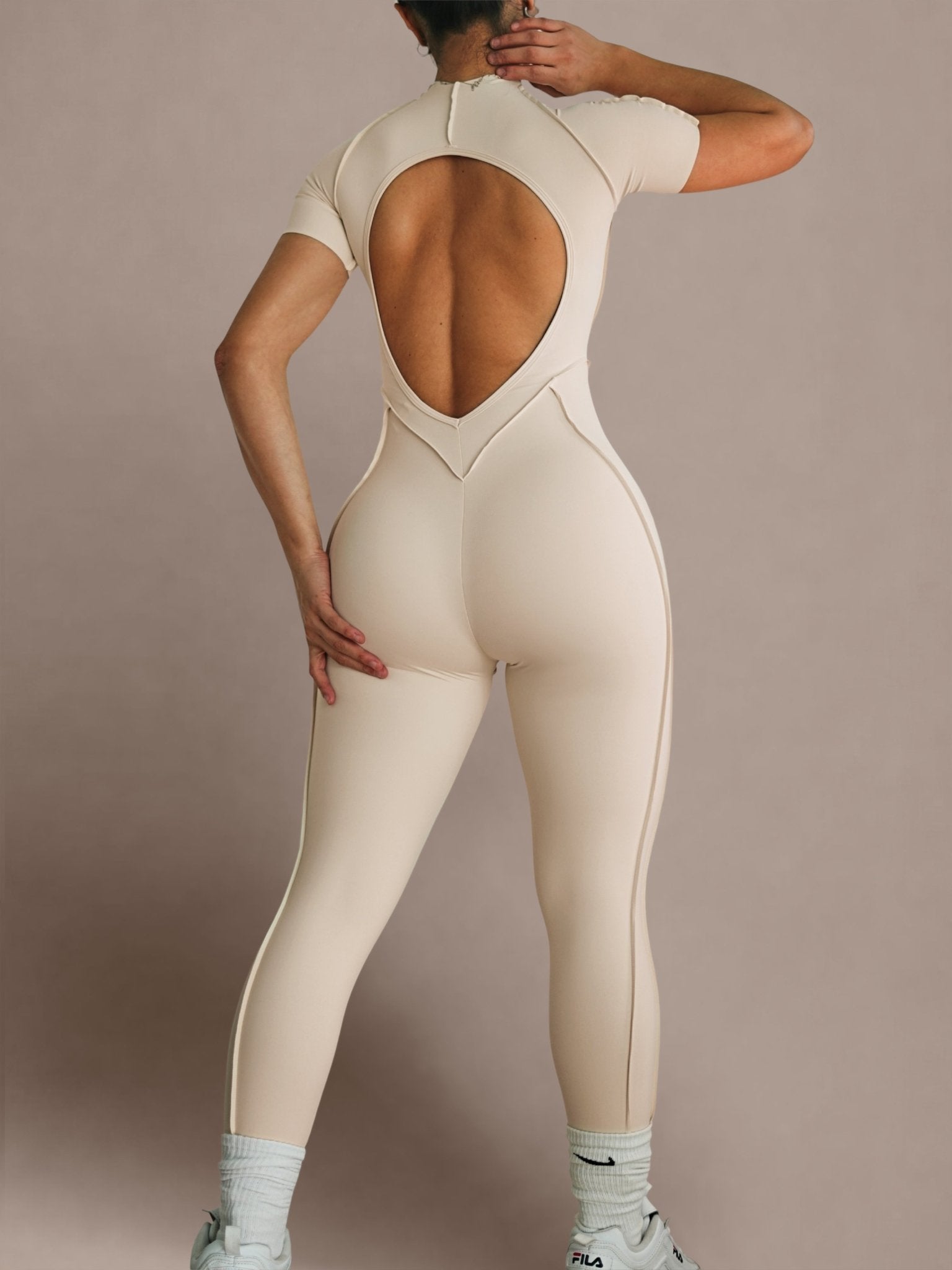 Seam Sculpt Backless Short Sleeve Jumpsuit (Buttercream) - Fitness Fashioness