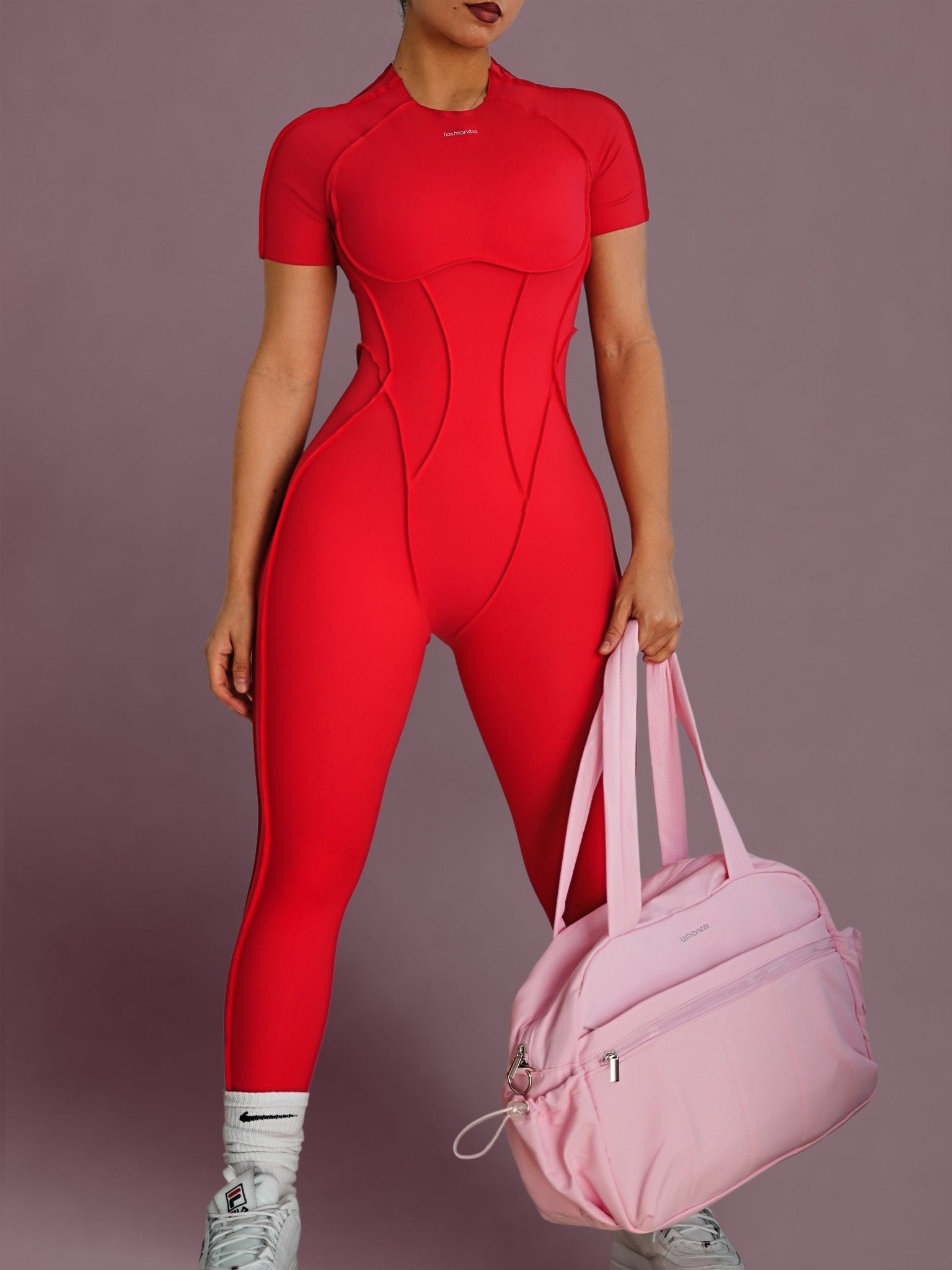 Seam Sculpt Backless Short Sleeve Jumpsuit (Lipstick Red) - Fitness Fashioness