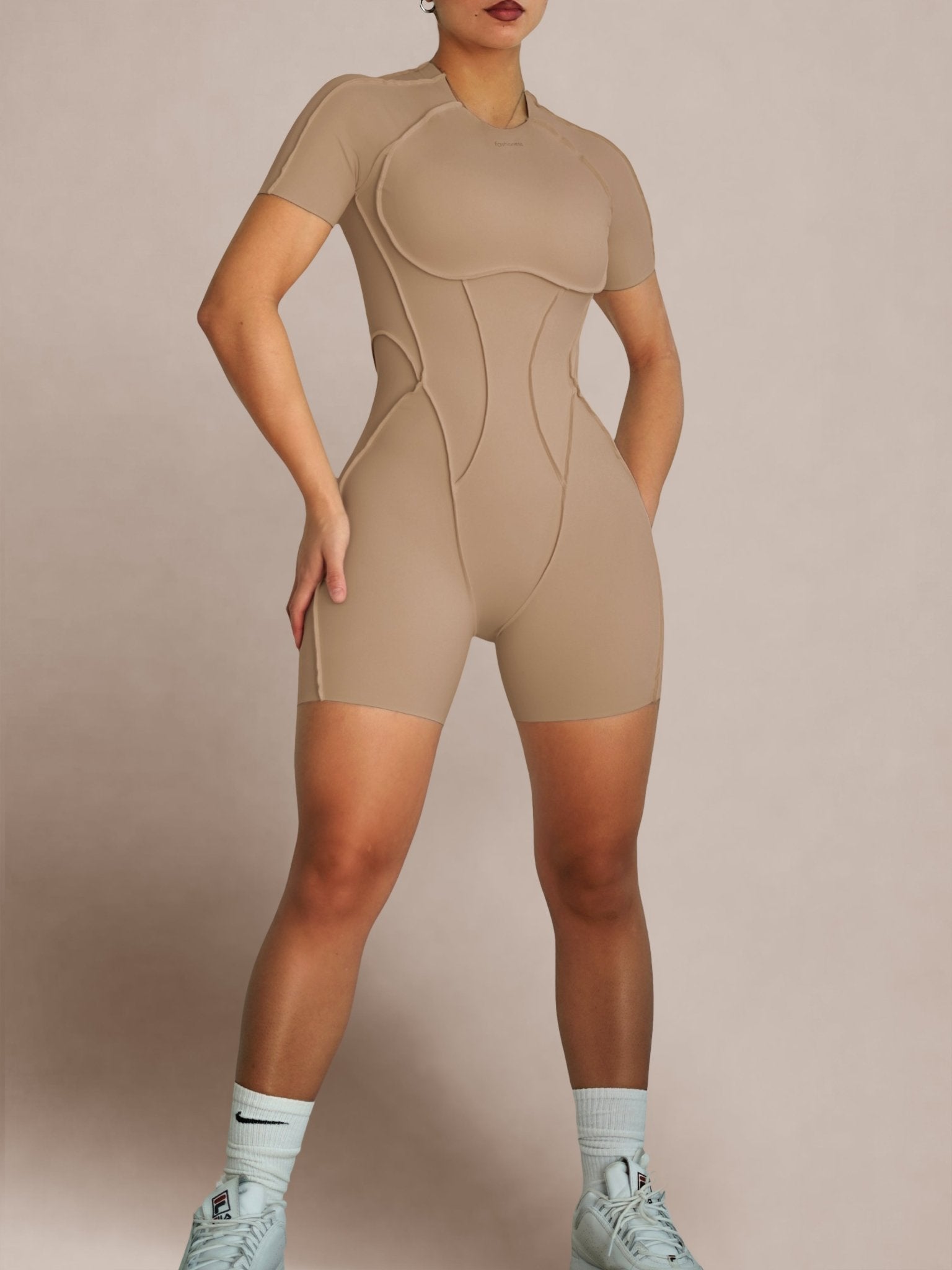 Seam Sculpt Backless Short Sleeve Romper (Latte) - Fitness Fashioness