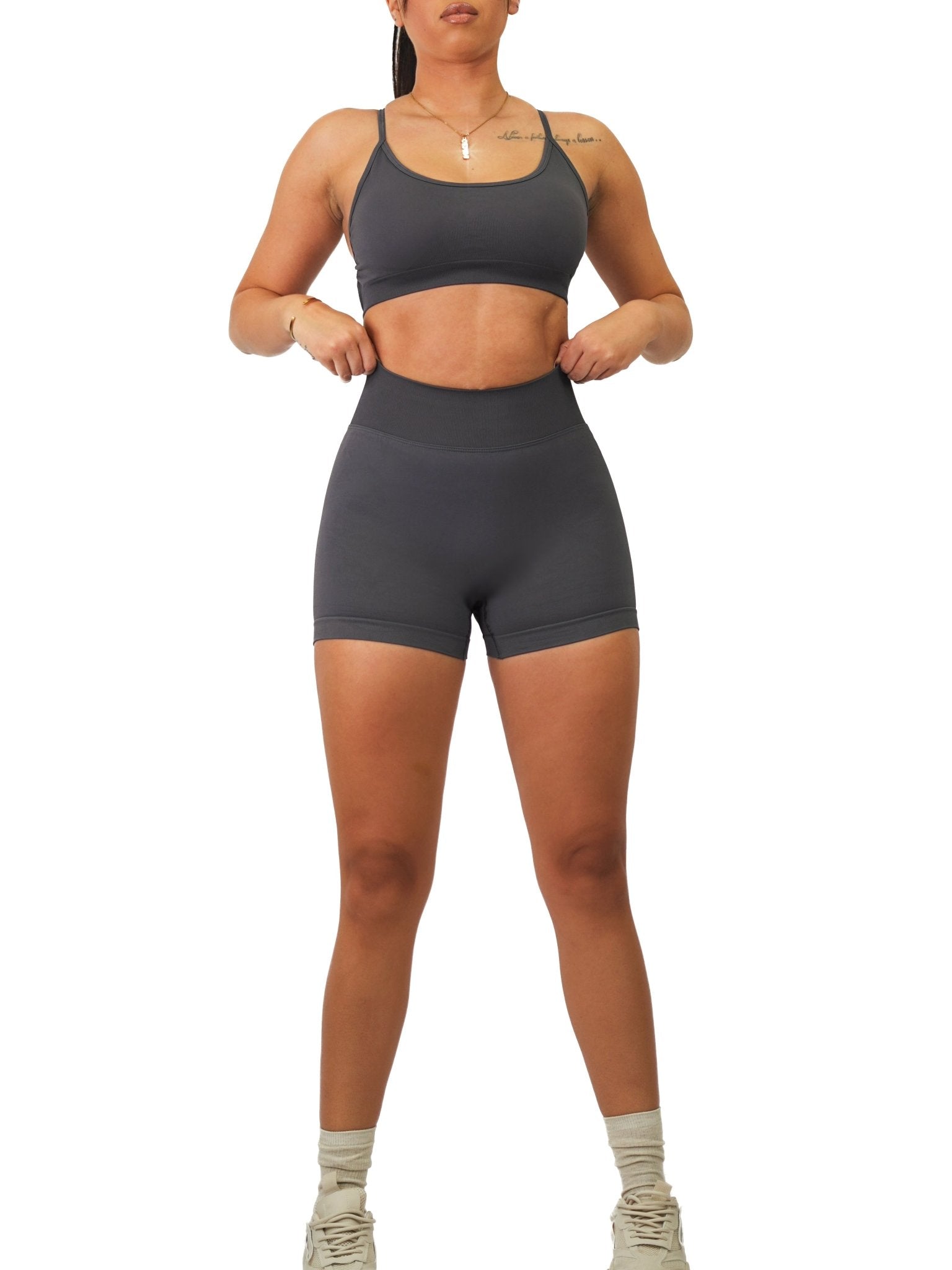 Seamless V Back Booty Shorts (Charcoal) - Fitness Fashioness