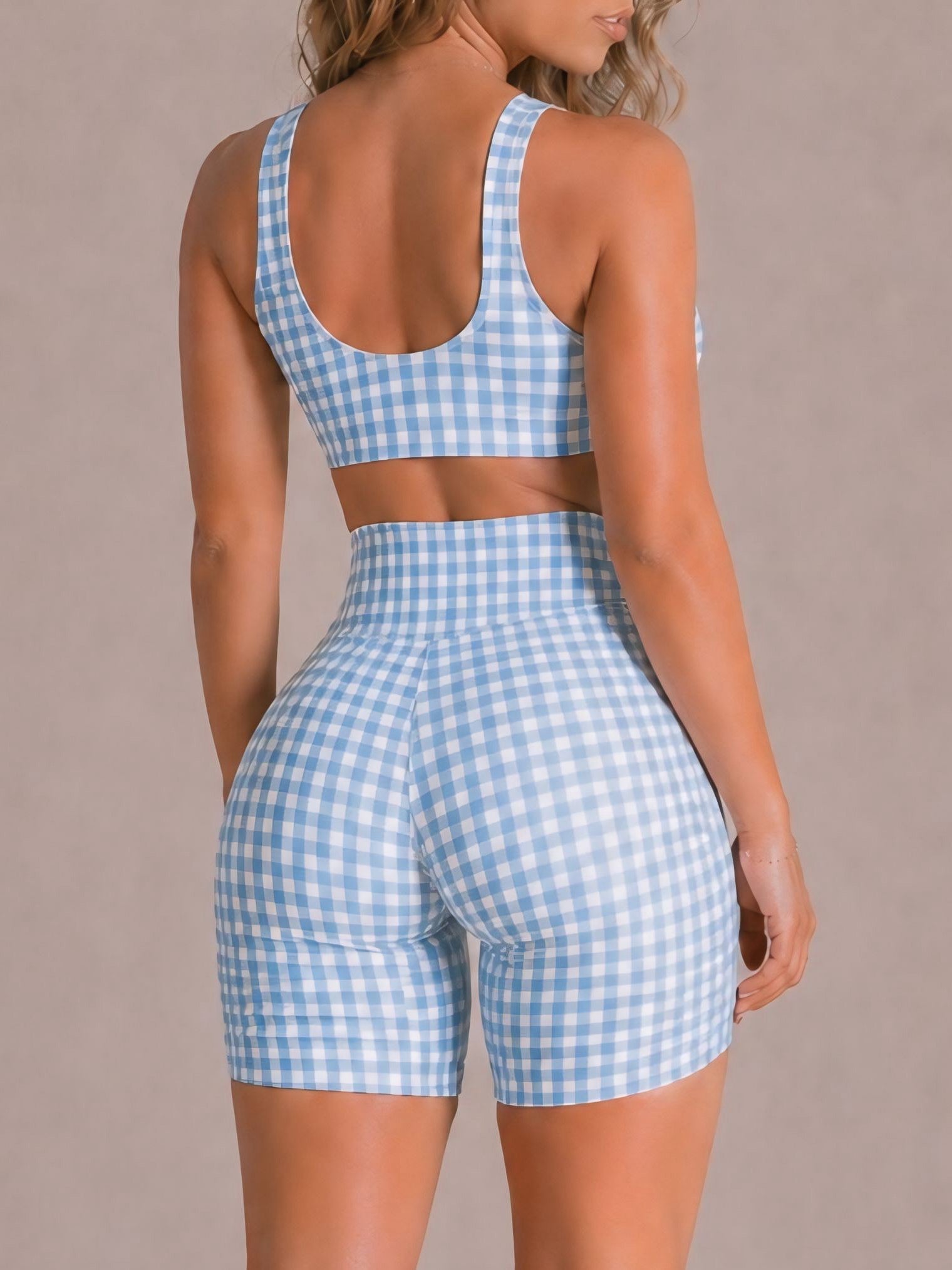 Shortcake Gingham Sports Bra (Checkered Blue) - Fitness Fashioness