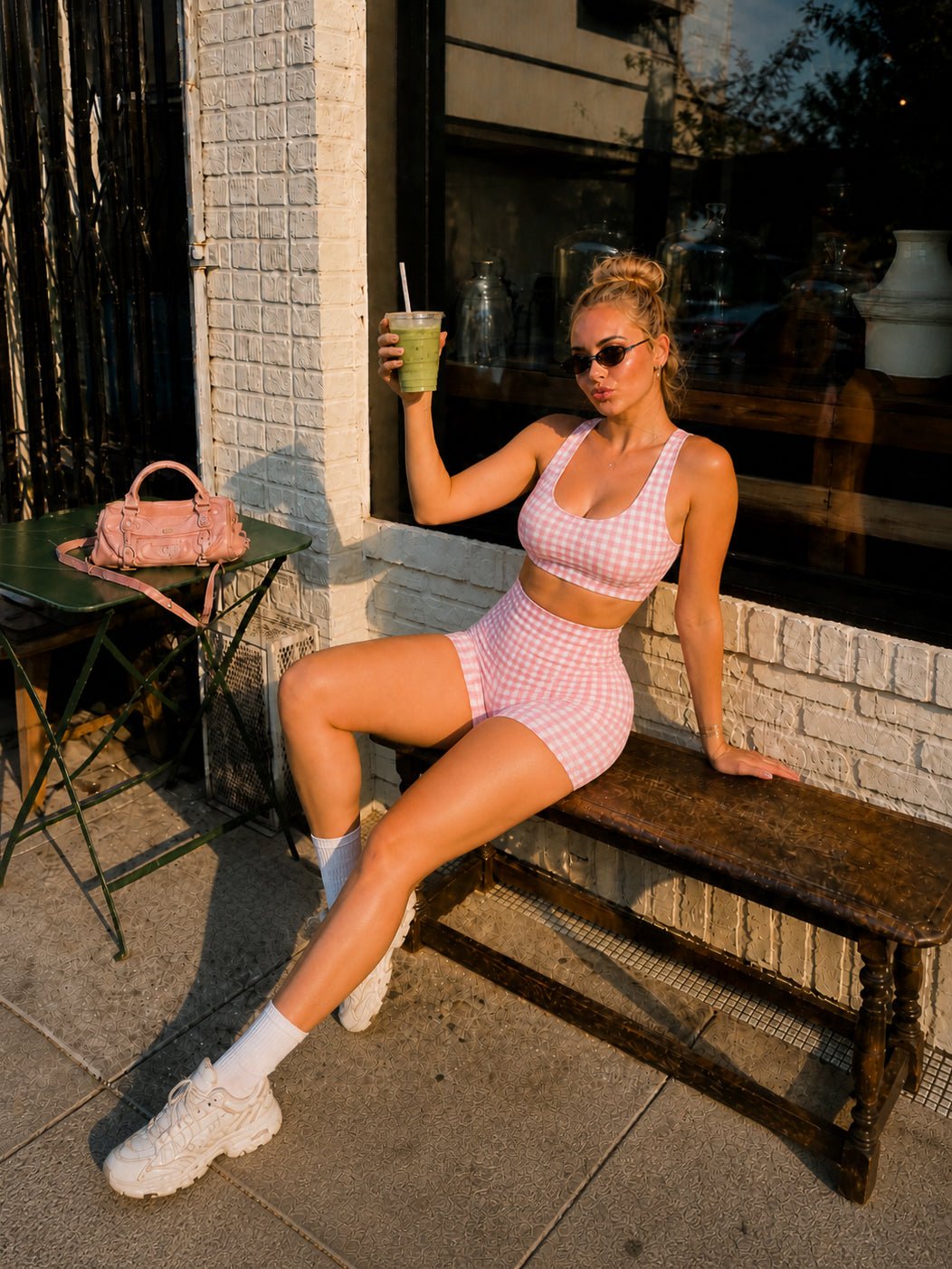 Shortcake Gingham Sports Bra (Checkered Pink) - Fitness Fashioness
