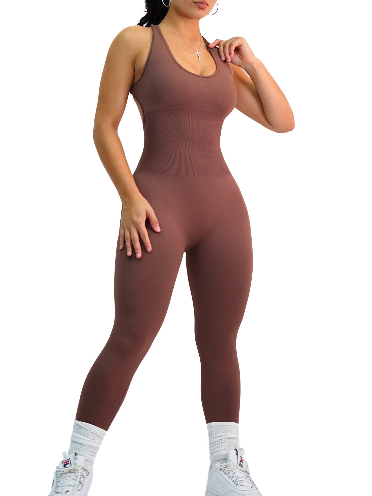 Snatch Me Open Back Jumpsuit (Brown) - Fitness Fashioness