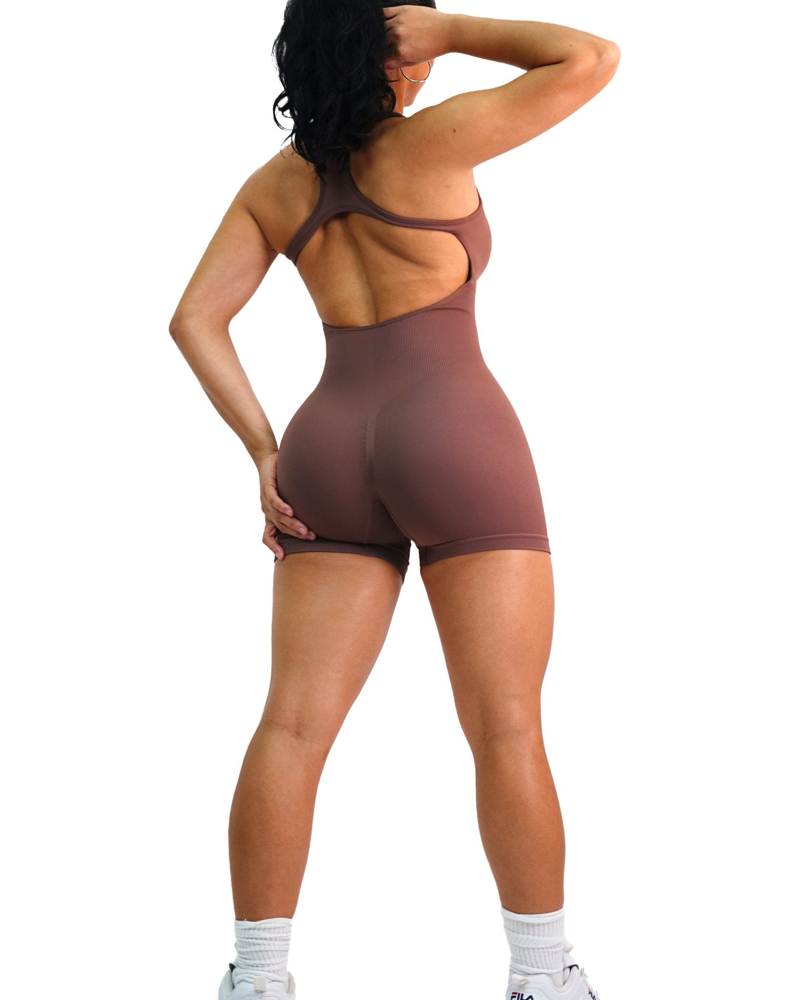 Snatch Me Open Back Short Romper (Brown) - Fitness Fashioness