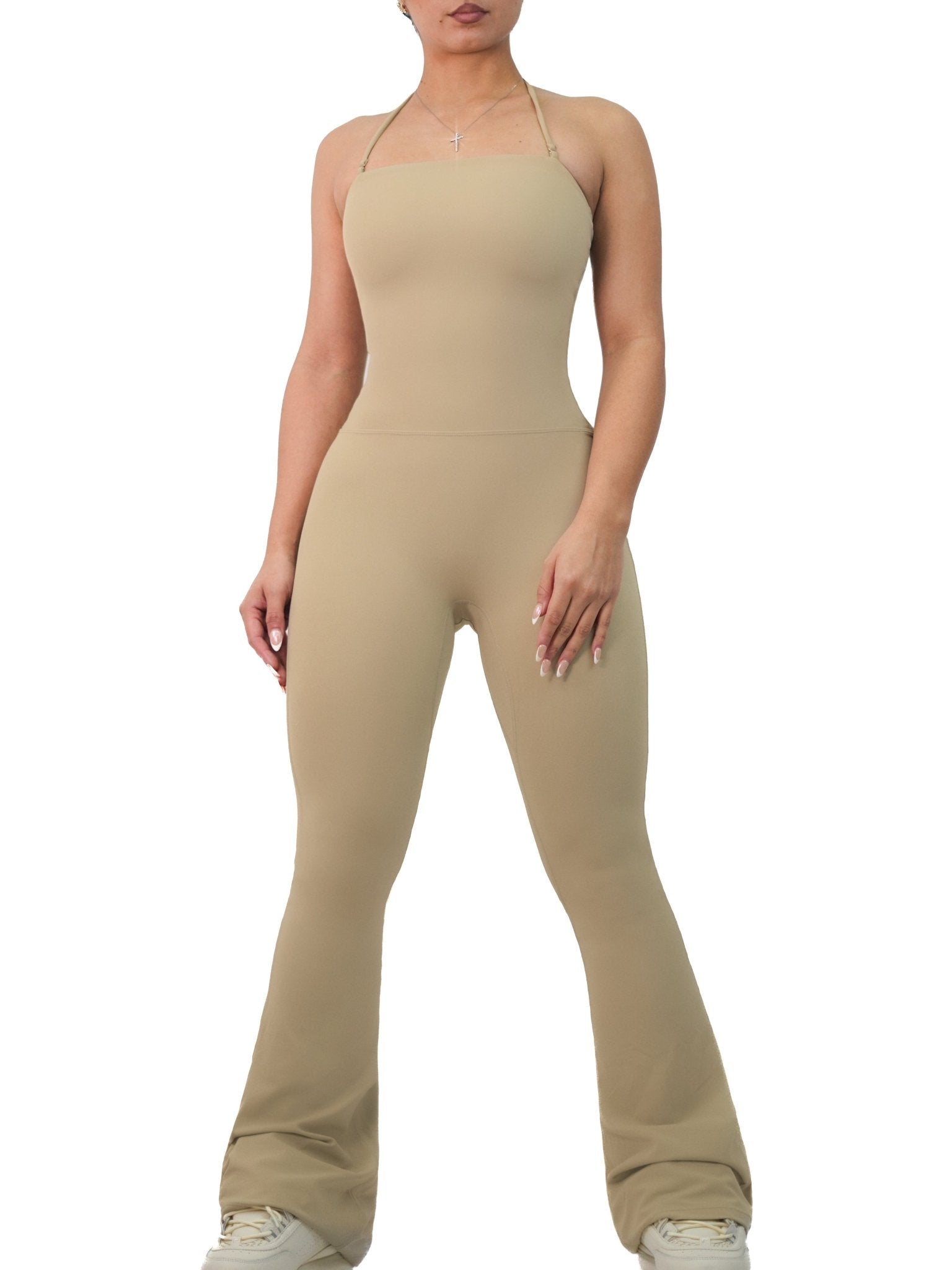 Strapless Flare Jumpsuit (Latte) - Fitness Fashioness