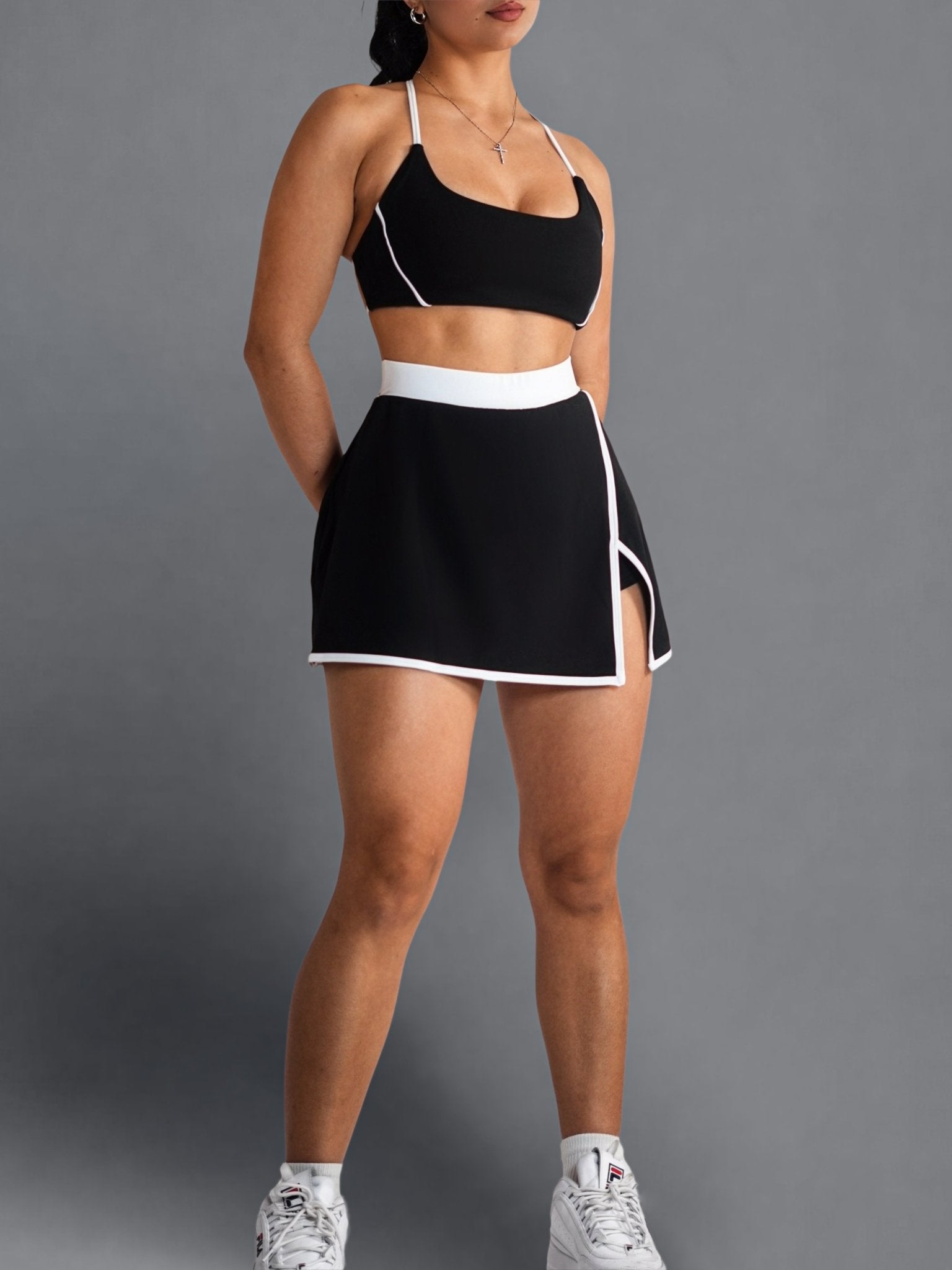 Velour Contrast Tennis Skirt (Black) - Fitness Fashioness
