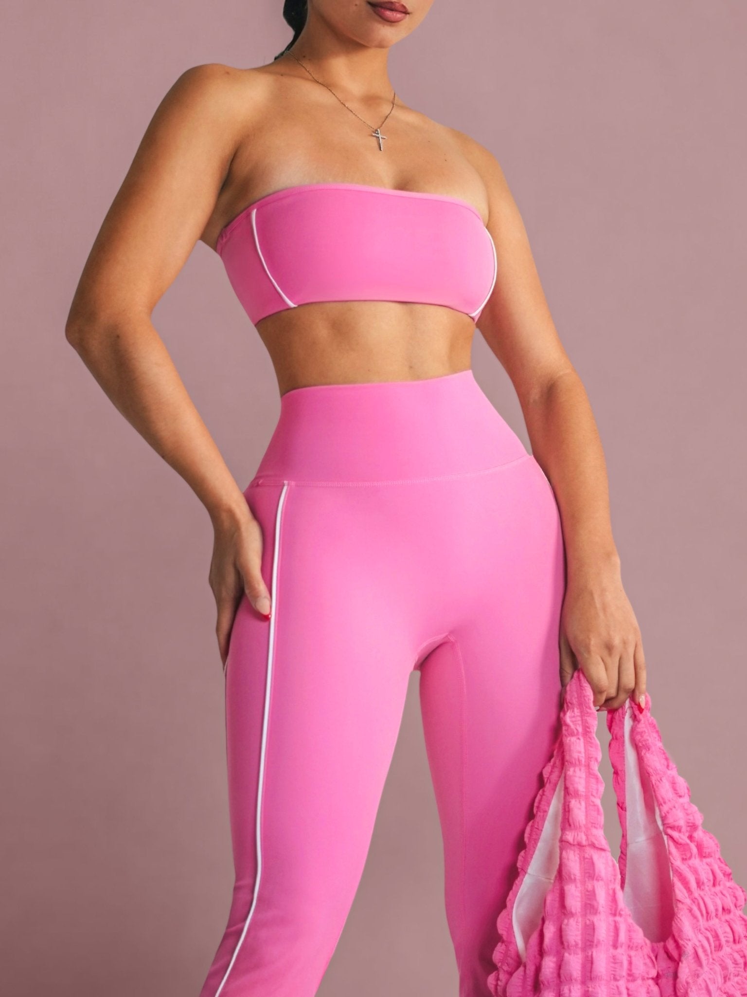 Velour Contrast Tube Top Sports Bra (Pink Tulip) - Fitness Fashioness