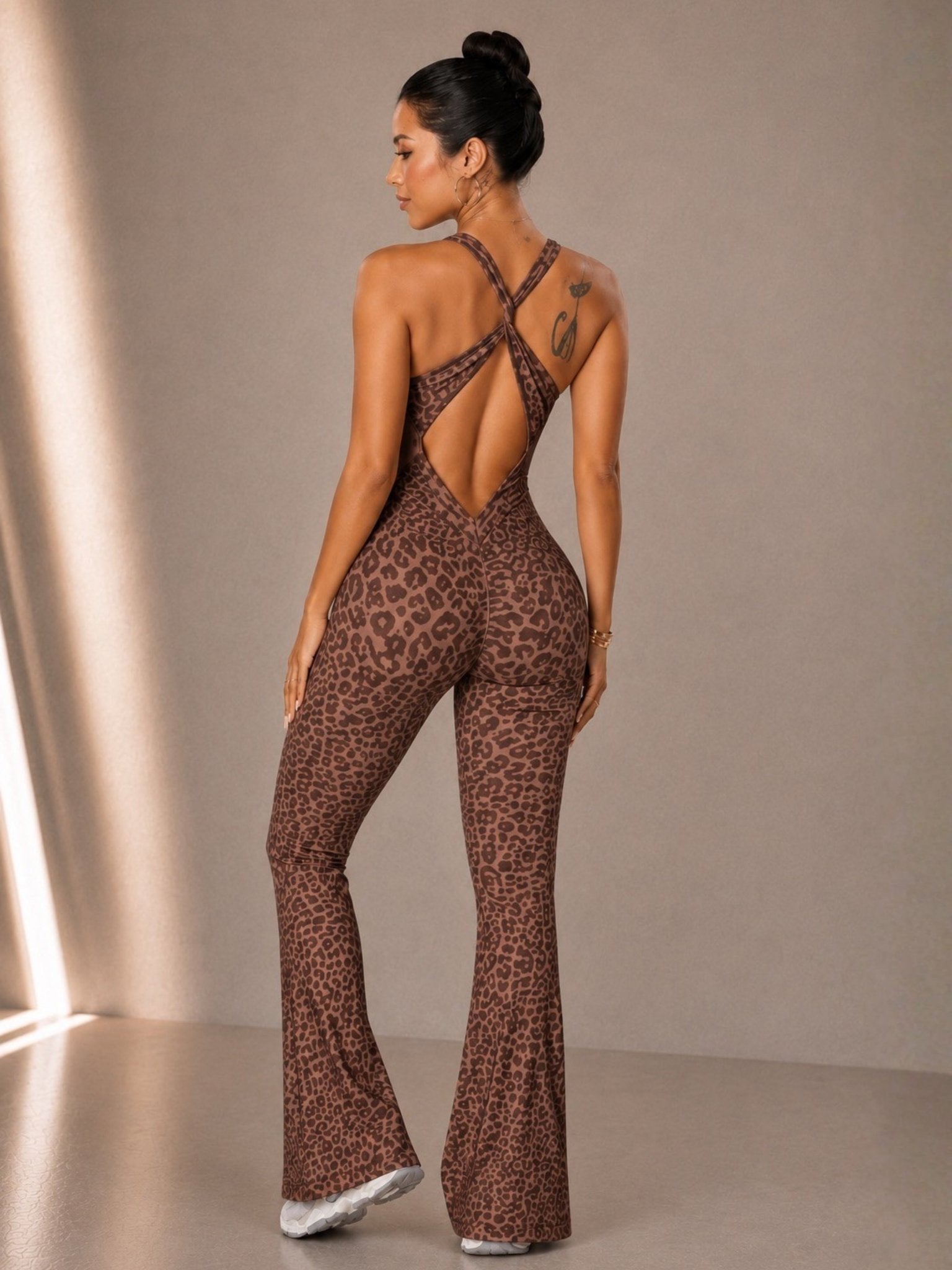 Vintage Leopard Flare Jumpsuit (Brown Leopard) - Fitness Fashioness