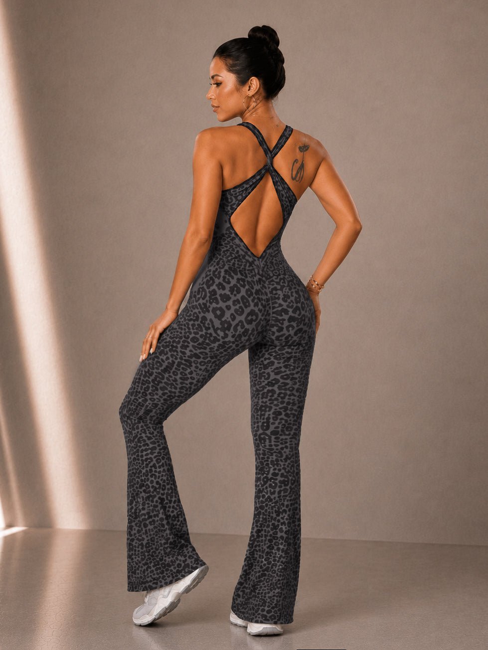 Vintage Leopard Flare Jumpsuit (Gray) - Fitness Fashioness